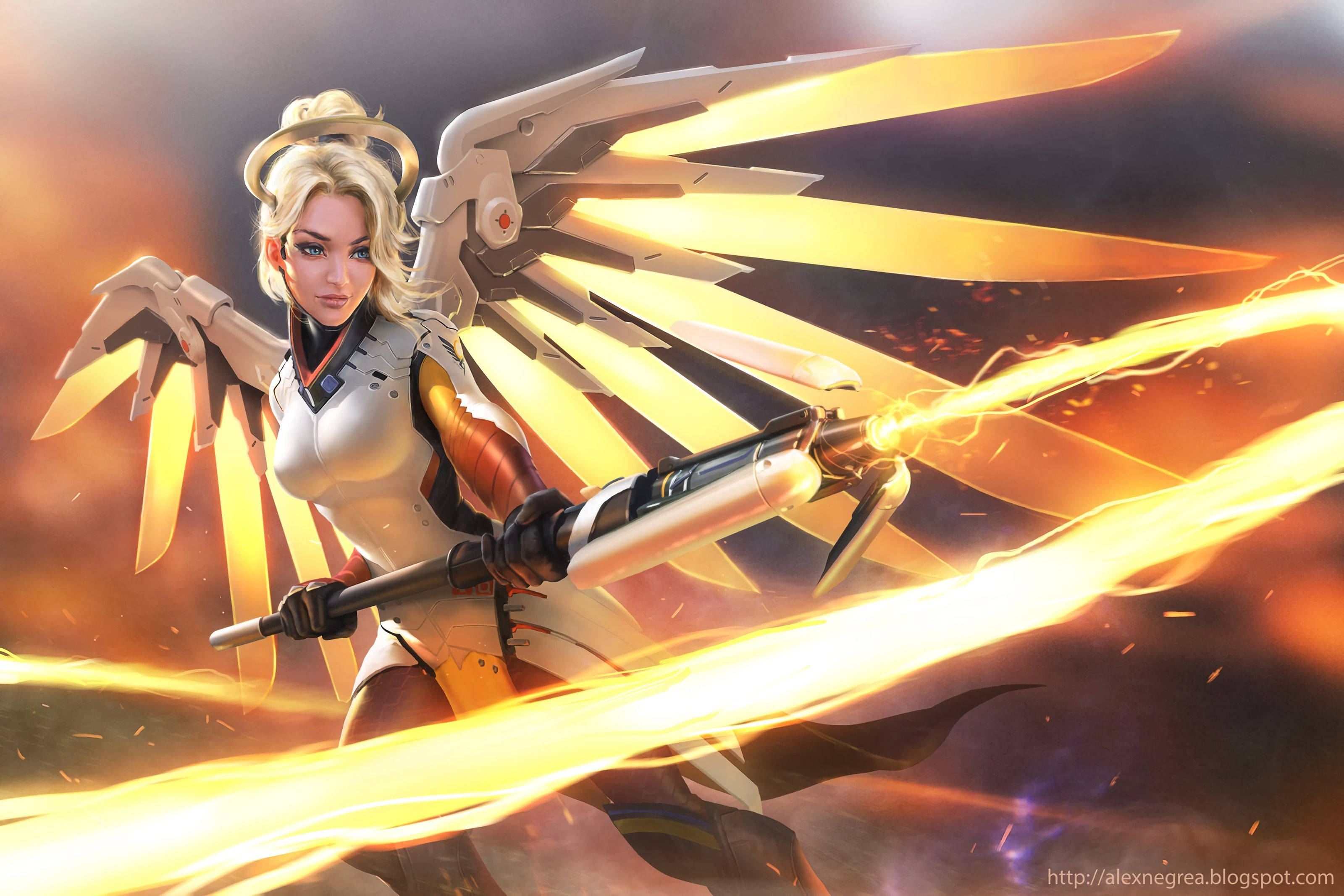 Mercy, mechanical wings, glowing energy weapon, 2K Desktop Wallpaper