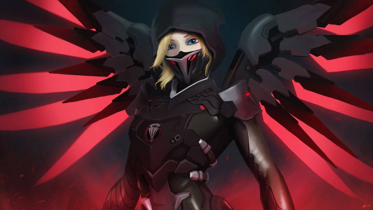 Mercy, black and red outfit, black wings, HD Desktop Wallpaper