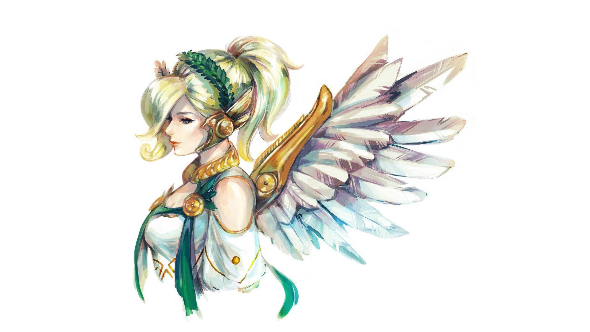 Mercy, anime-style angel, golden hair, Full HD Desktop Wallpaper