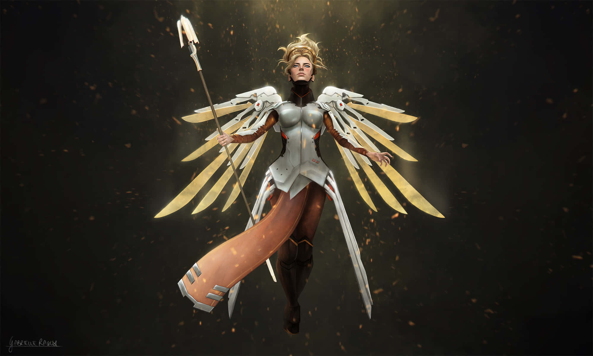 Overwatch Mercy, golden feathered wings, spear, Full HD Desktop Wallpaper