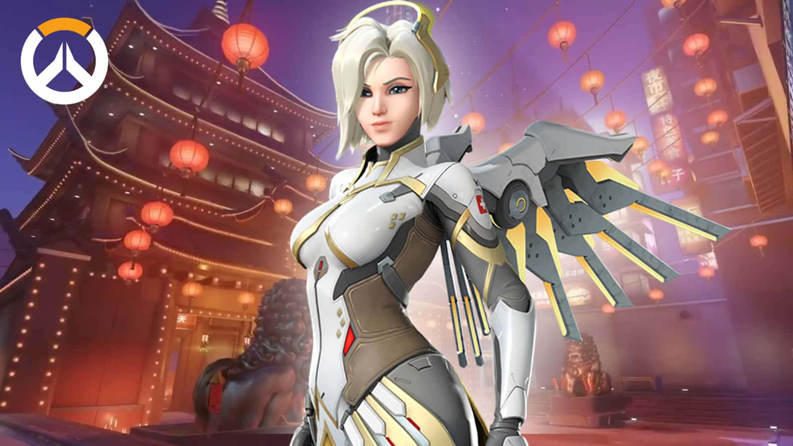 Overwatch Mercy, white and gold armor, glowing traditional Asian building, HD Desktop Wallpaper