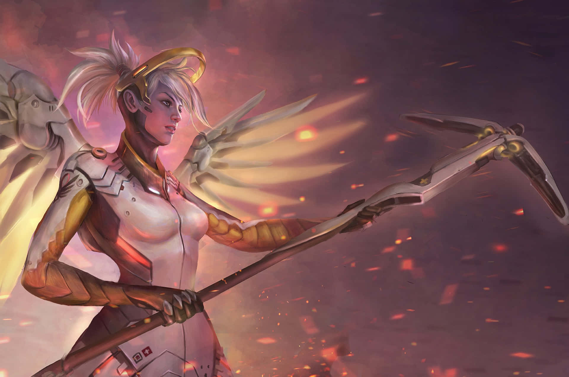 Overwatch Mercy, white hair, golden halo, Full HD Desktop Wallpaper