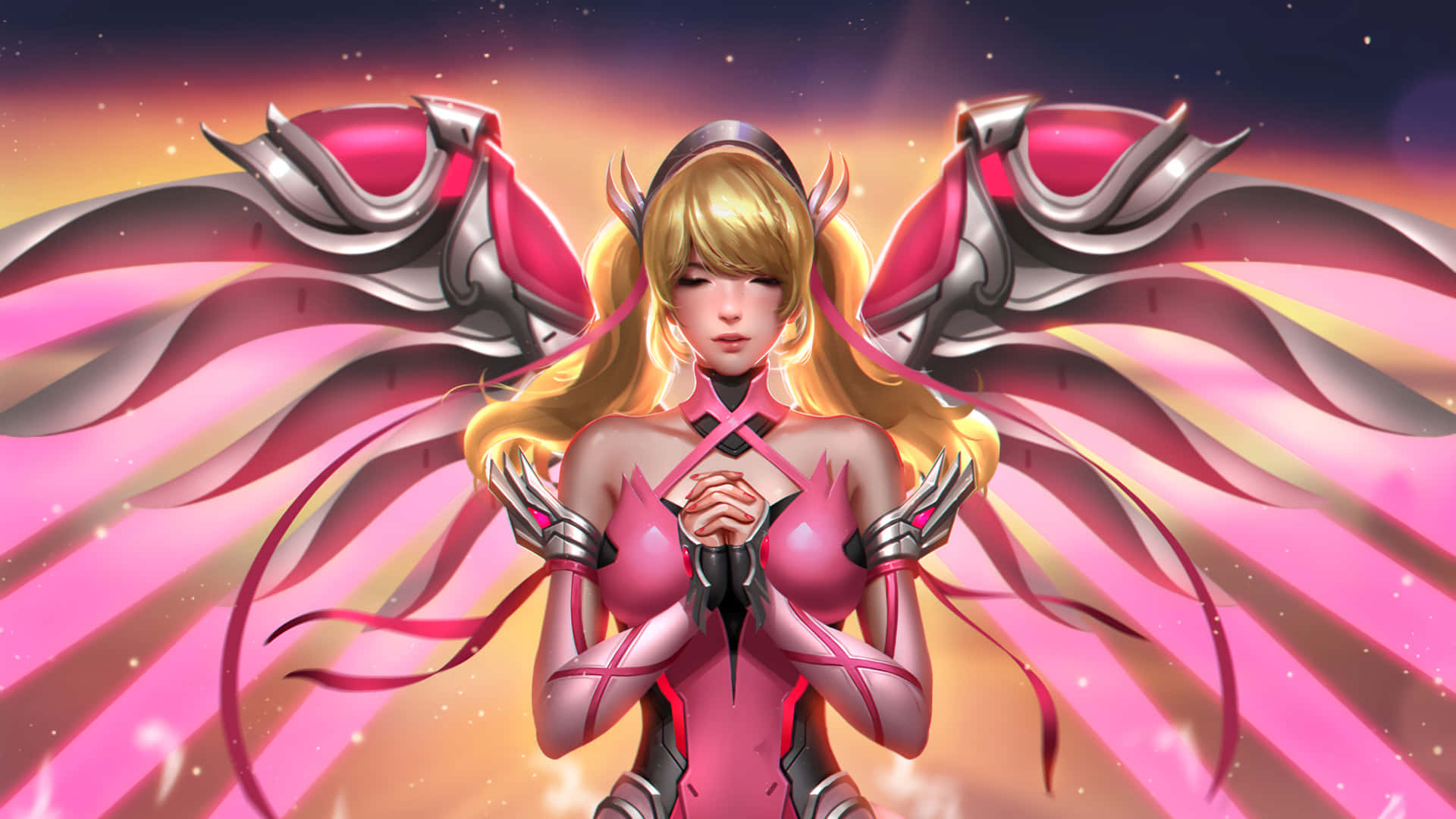 Mercy, Overwatch, cosmic sunset, Full HD Desktop Wallpaper