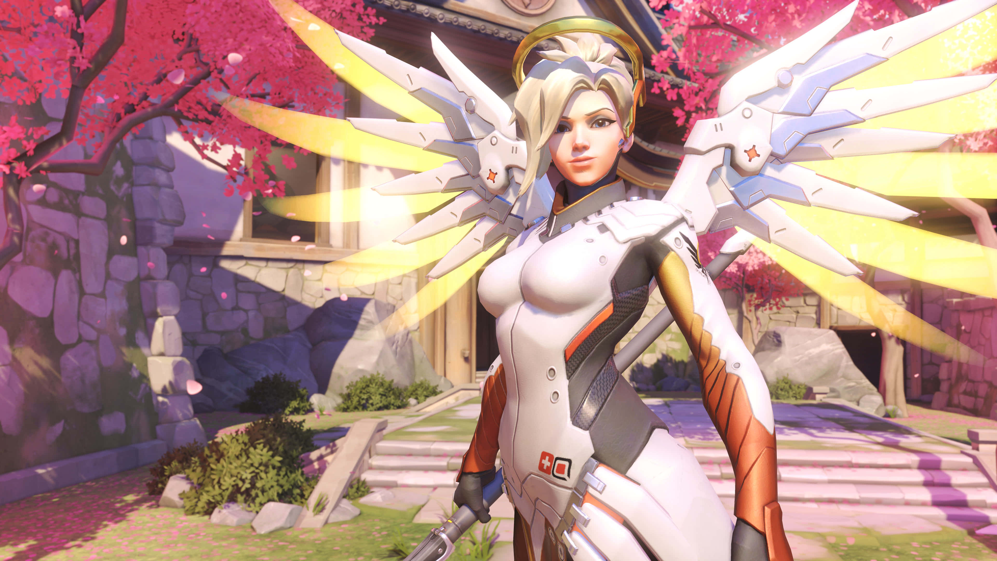Mercy, Overwatch, cherry blossom courtyard, 4K Desktop Wallpaper