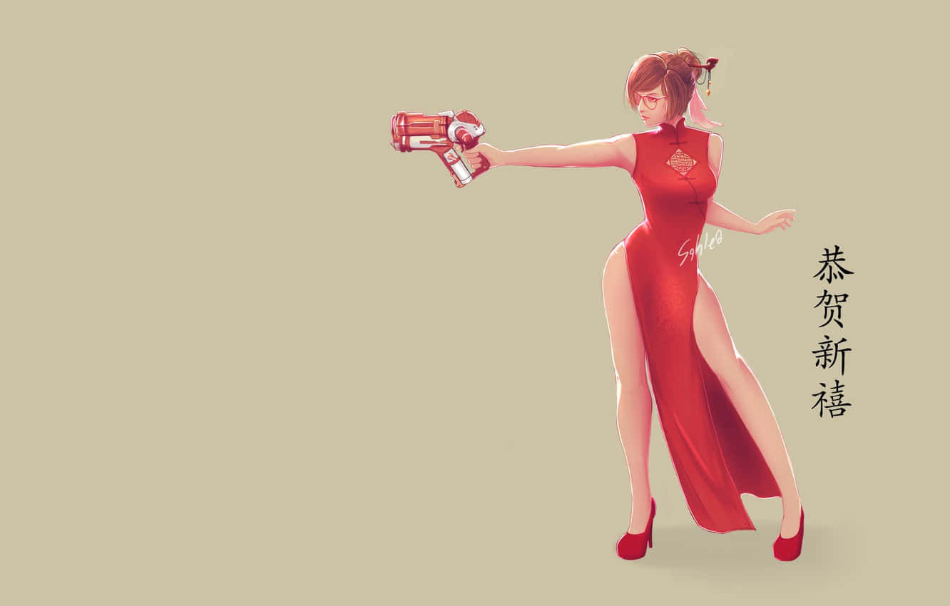 Overwatch Minimalist, red cheongsam, red water gun, HD Desktop Wallpaper