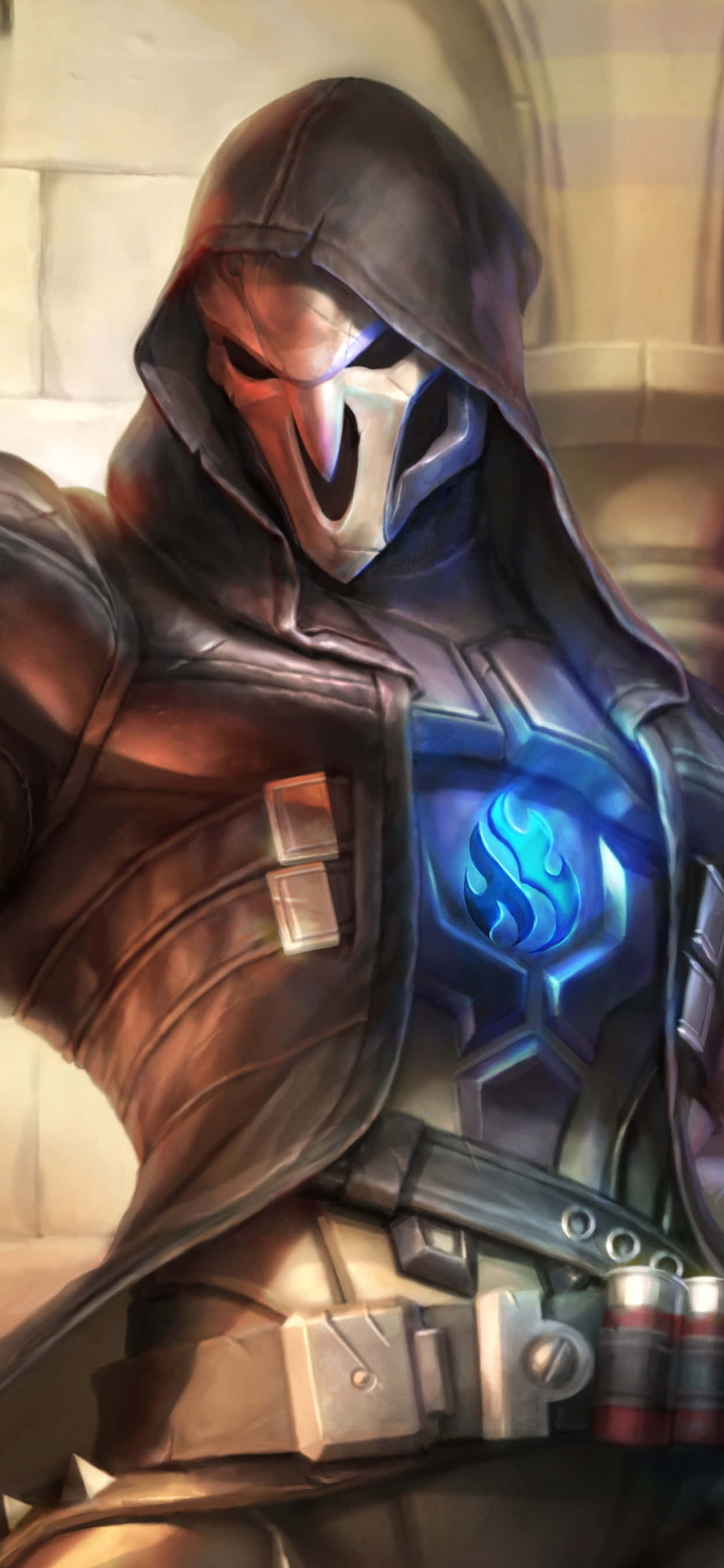 Overwatch Reaper, Reaper, glowing blue emblem, 2K Phone Wallpaper