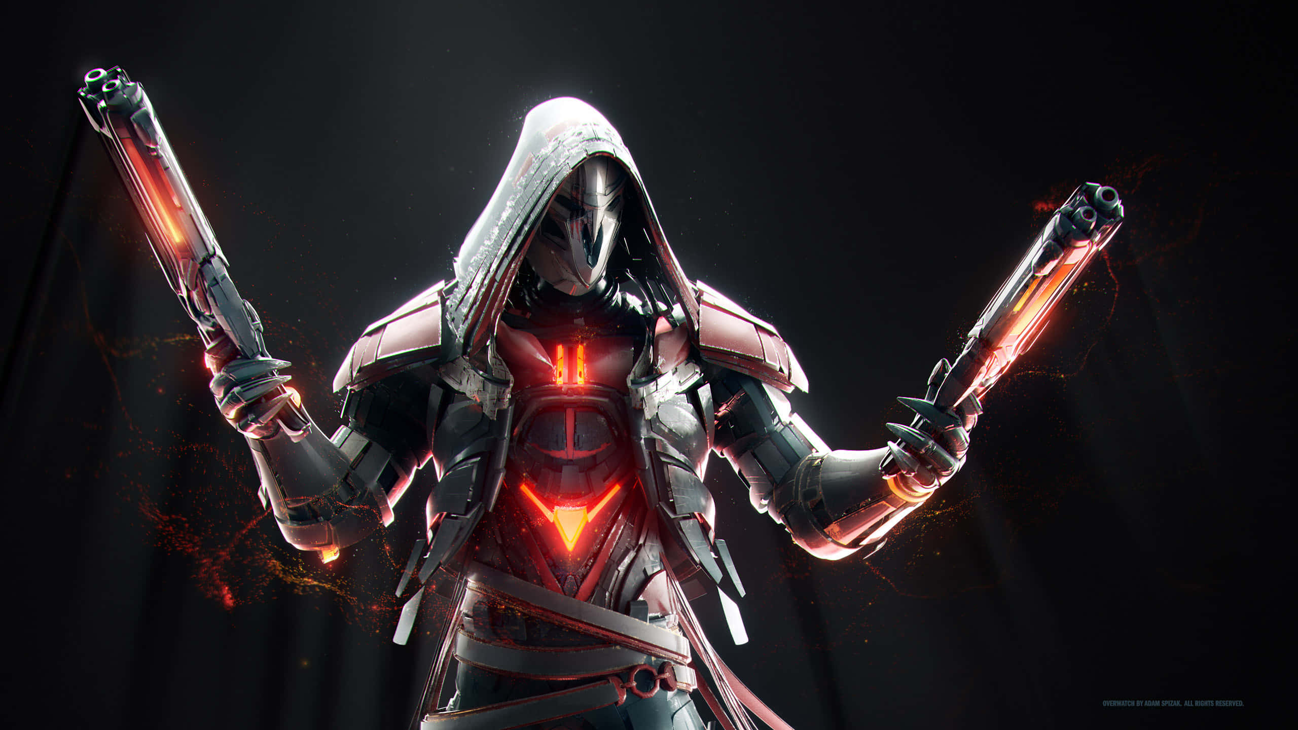 Overwatch Reaper, glowing red pistols, hooded armored warrior, 2K Desktop Wallpaper