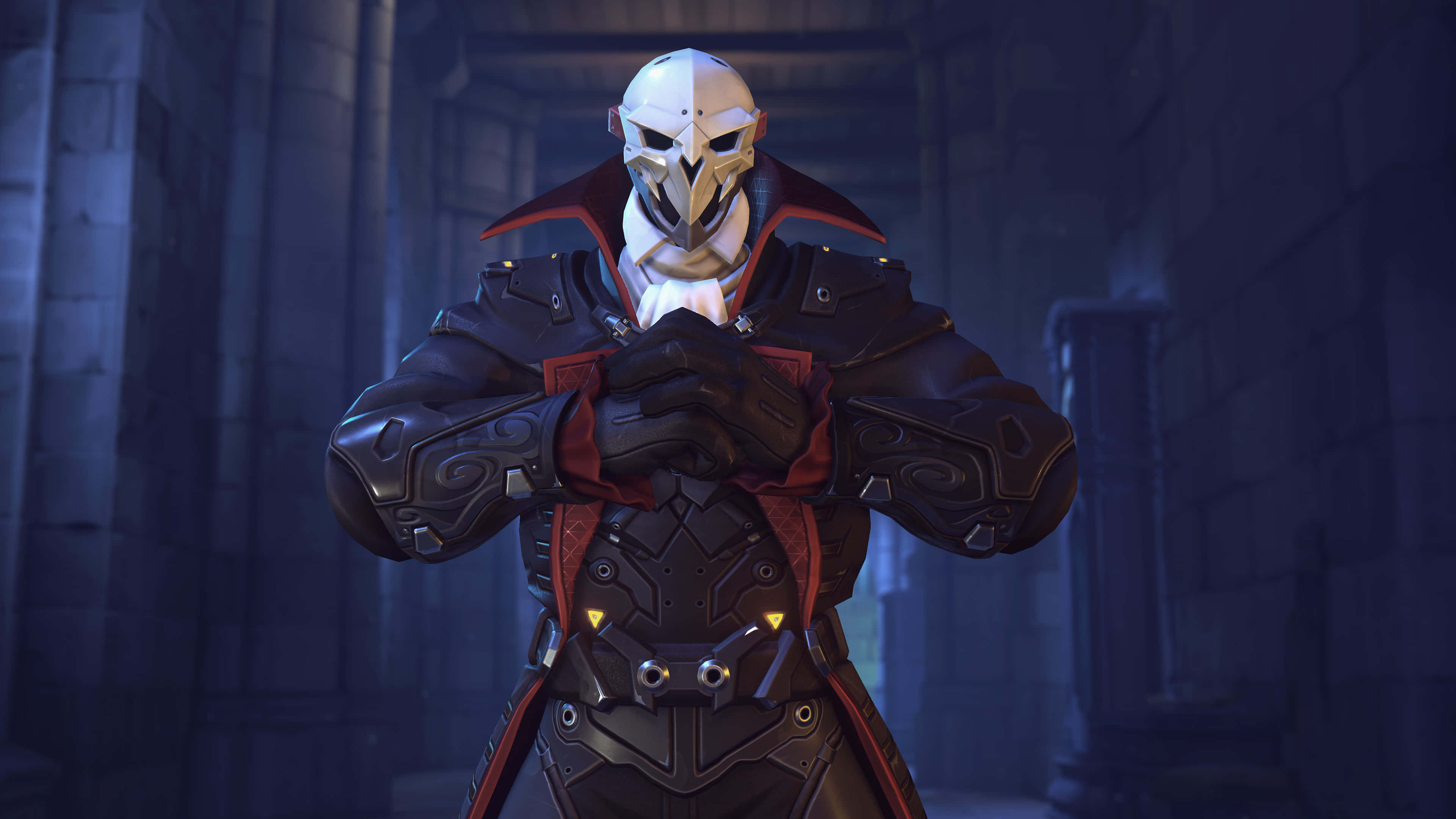 Overwatch Reaper, black and red armor, glowing yellow accents, 4K Desktop Wallpaper