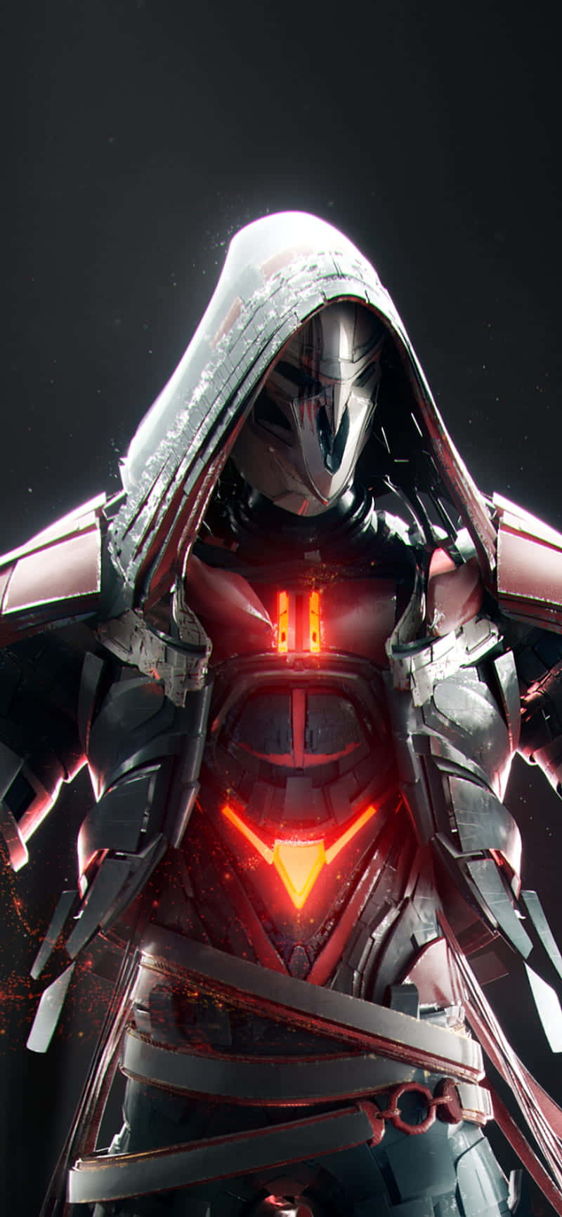 Overwatch Reaper, hooded armored figure, glowing red chest emblems, HD Phone Wallpaper