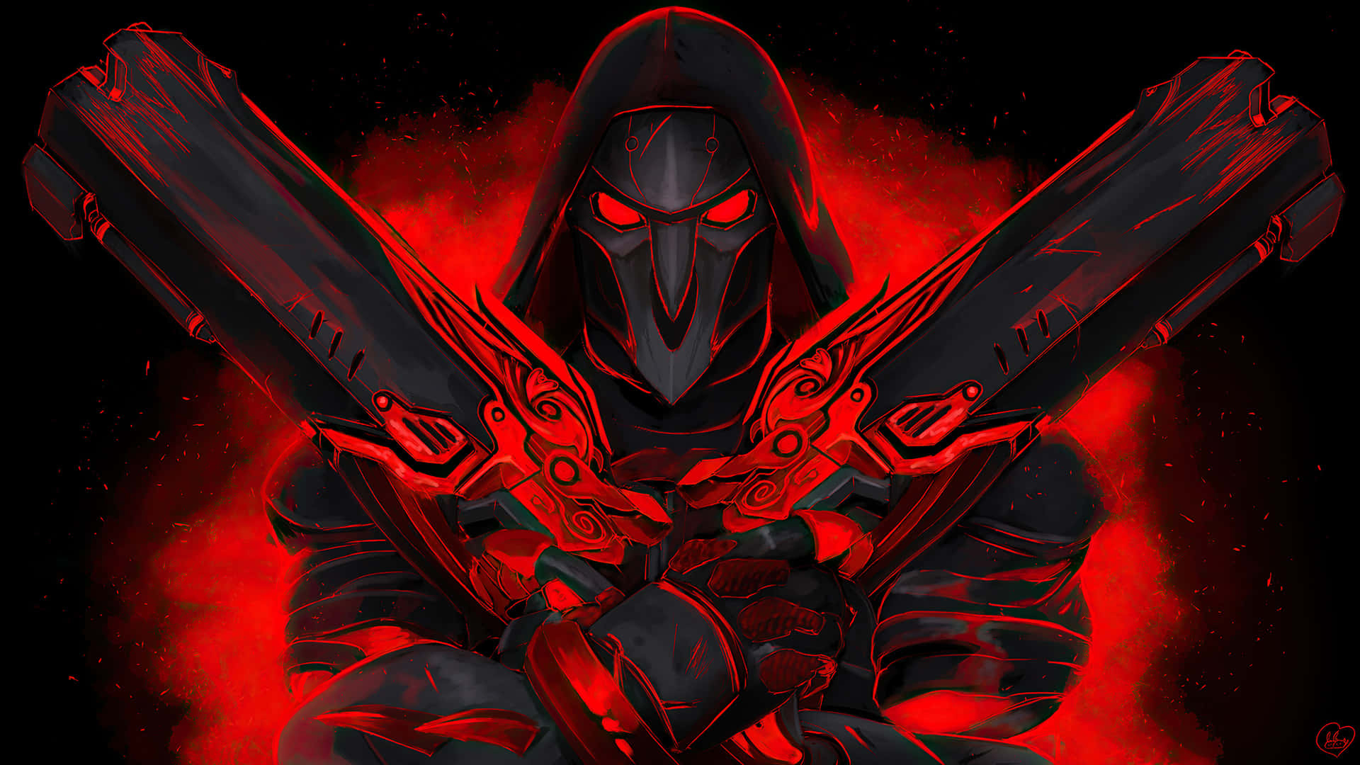 Overwatch Reaper, glowing red eyes, ornate guns, Full HD Desktop Wallpaper