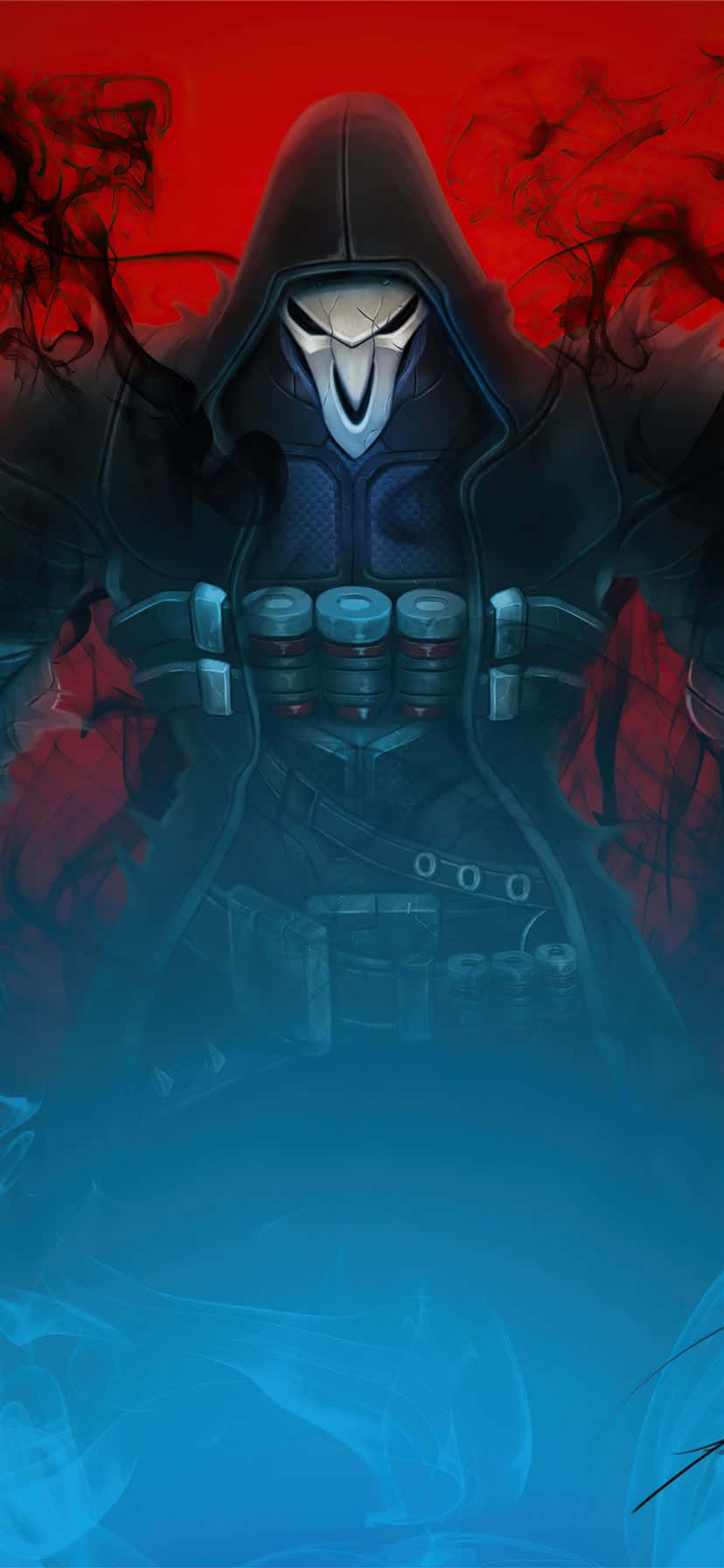 Overwatch Reaper, red and blue background, swirling smoke, HD Phone Wallpaper