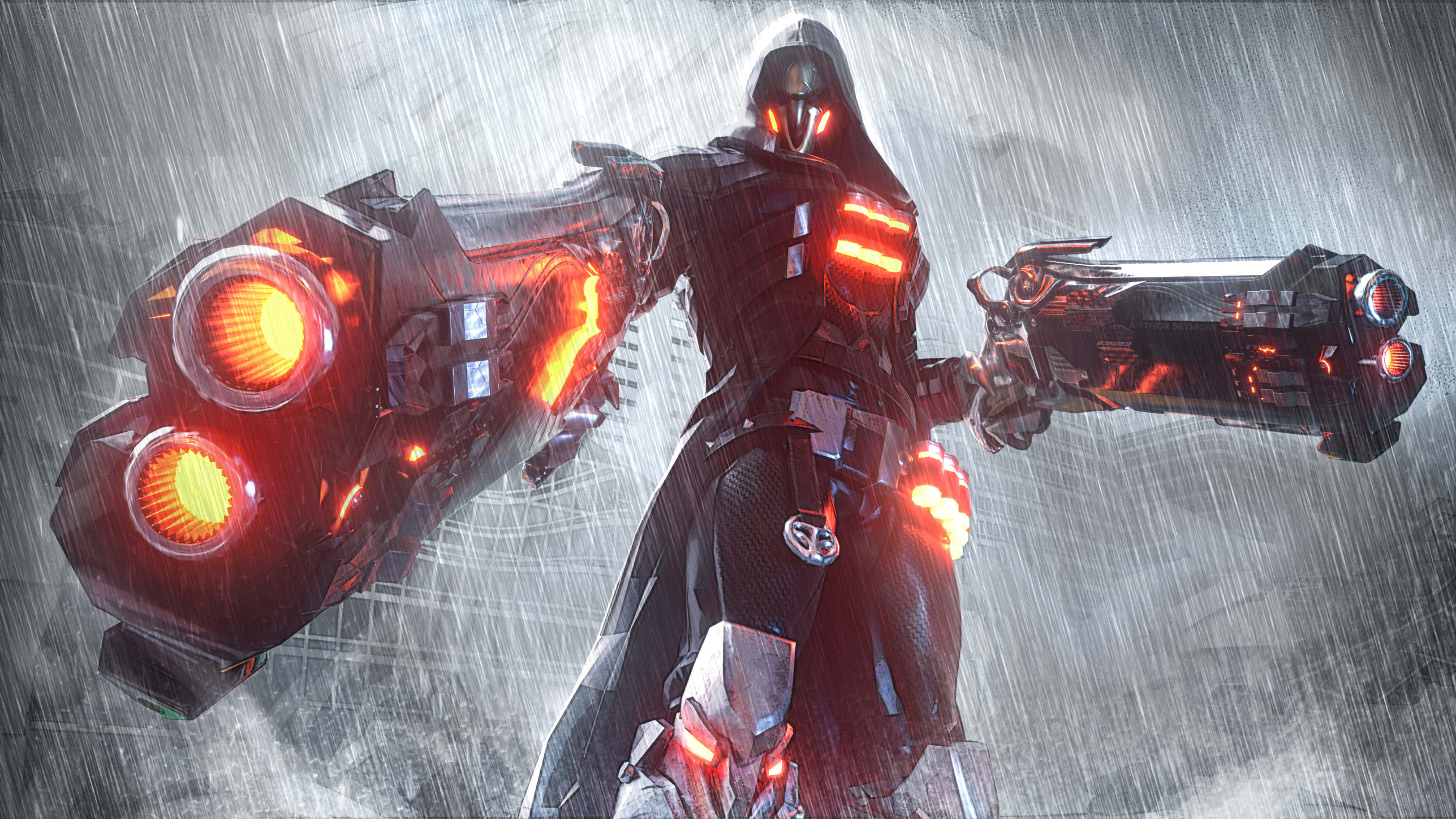 Overwatch Reaper, glowing orange energy weapons, hooded futuristic warrior, 2K Desktop Wallpaper