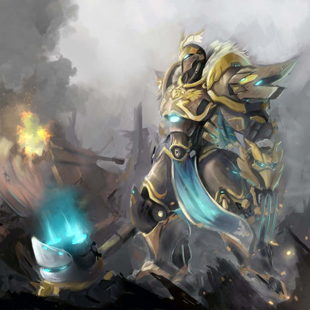Overwatch Reinhardt, golden armored warrior, glowing blue accents, SD Desktop Wallpaper