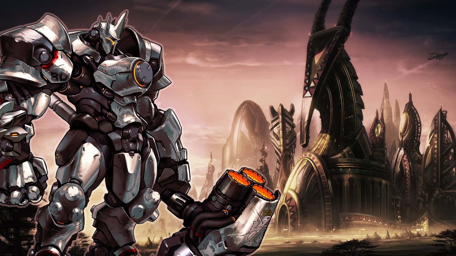 Overwatch Reinhardt, silver mech, glowing orange cannons, Full HD Desktop Wallpaper