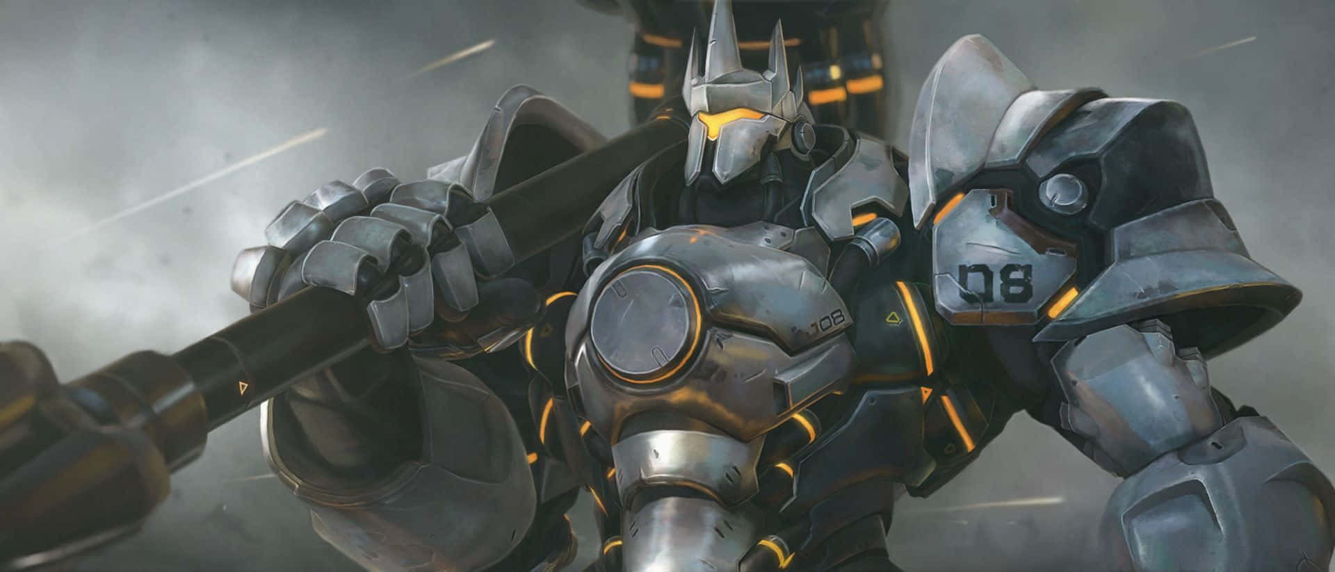 Overwatch Reinhardt, towering armored mech, glowing orange accents, Full HD Desktop Wallpaper