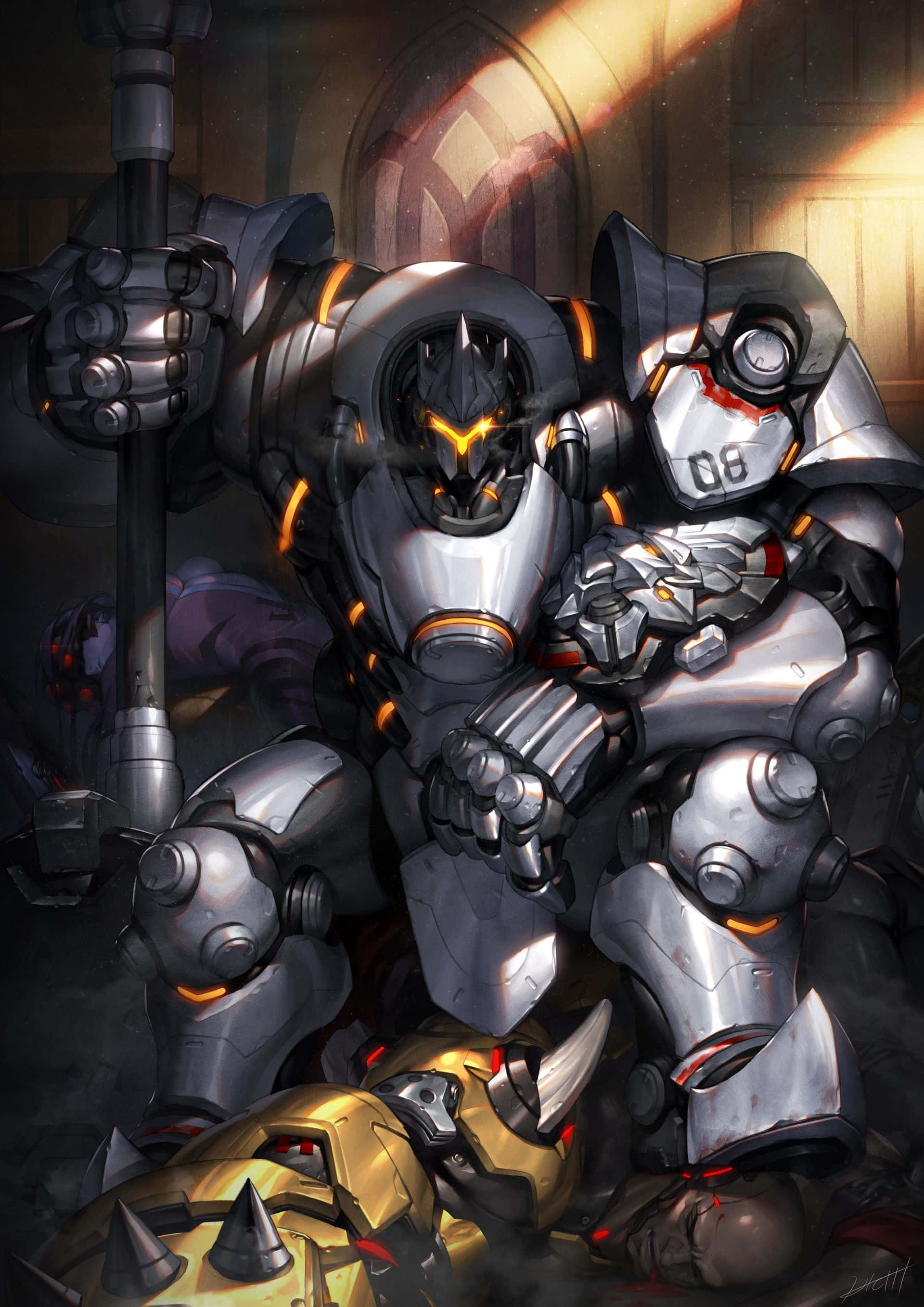 Overwatch Reinhardt, glowing orange accents, golden robot, 2K Phone Wallpaper