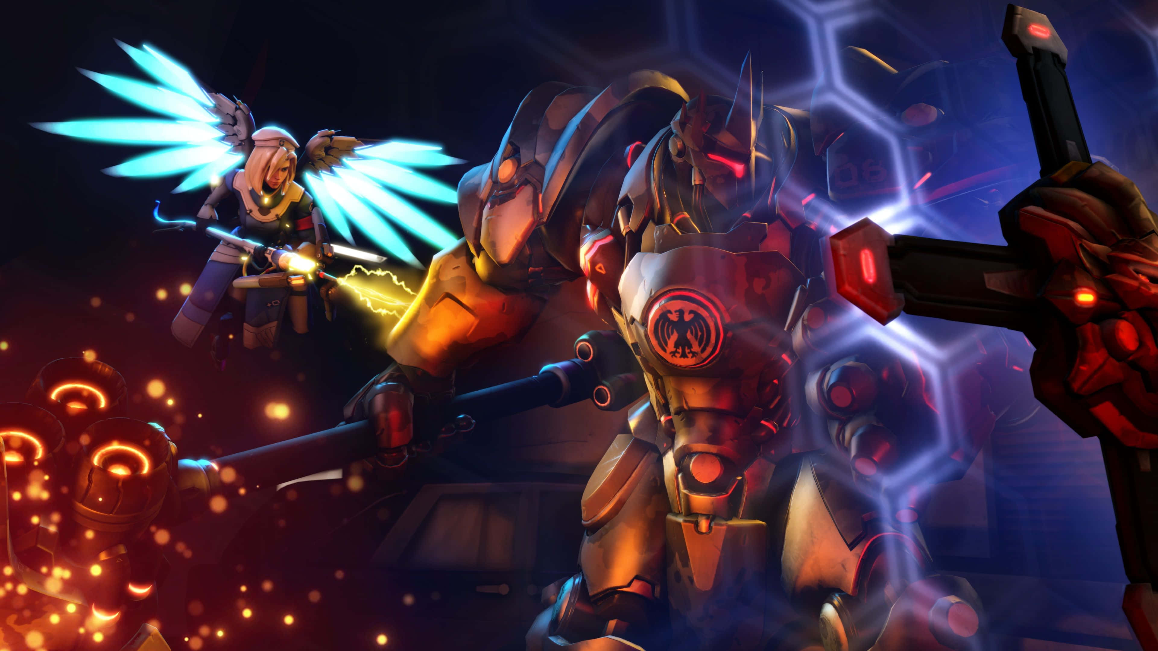 Overwatch Reinhardt, glowing blue-winged warrior, towering red and gold armored mech, 4K Desktop Wallpaper