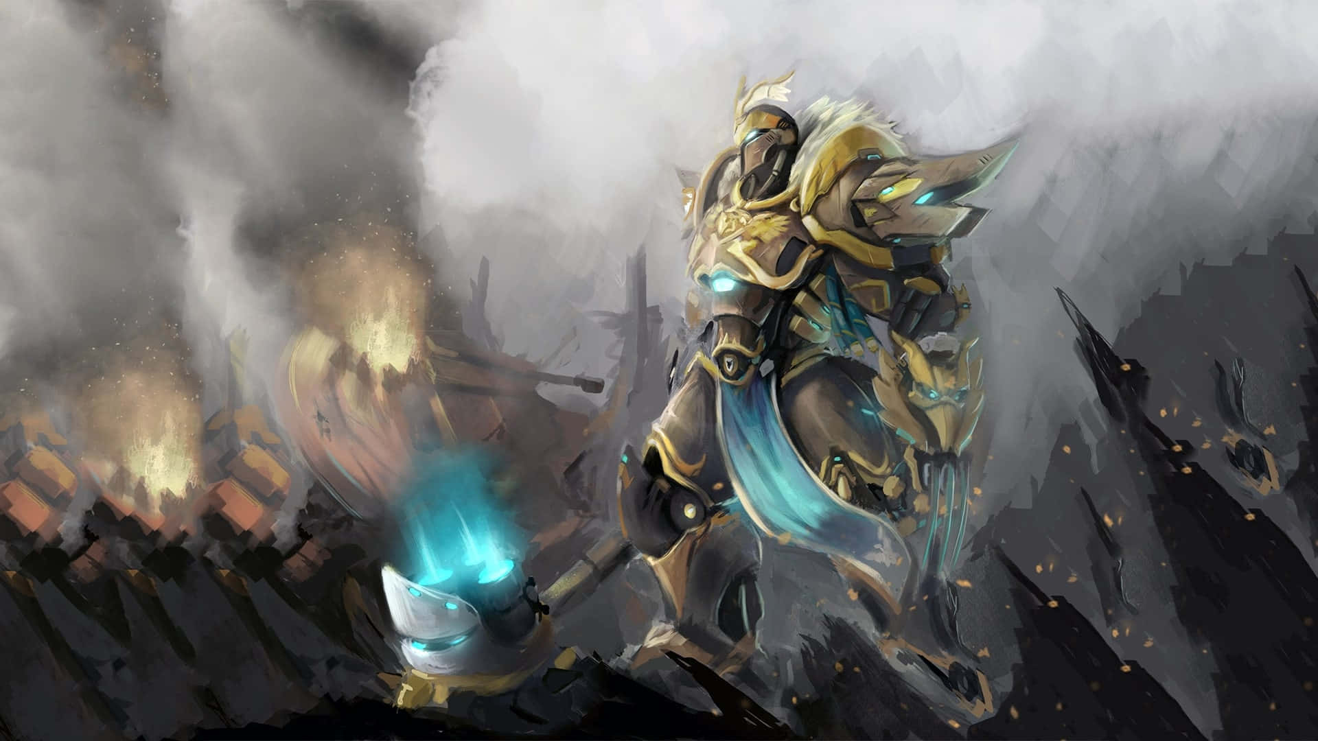 Overwatch Reinhardt, golden armored warrior, glowing blue hammer, Full HD Desktop Wallpaper