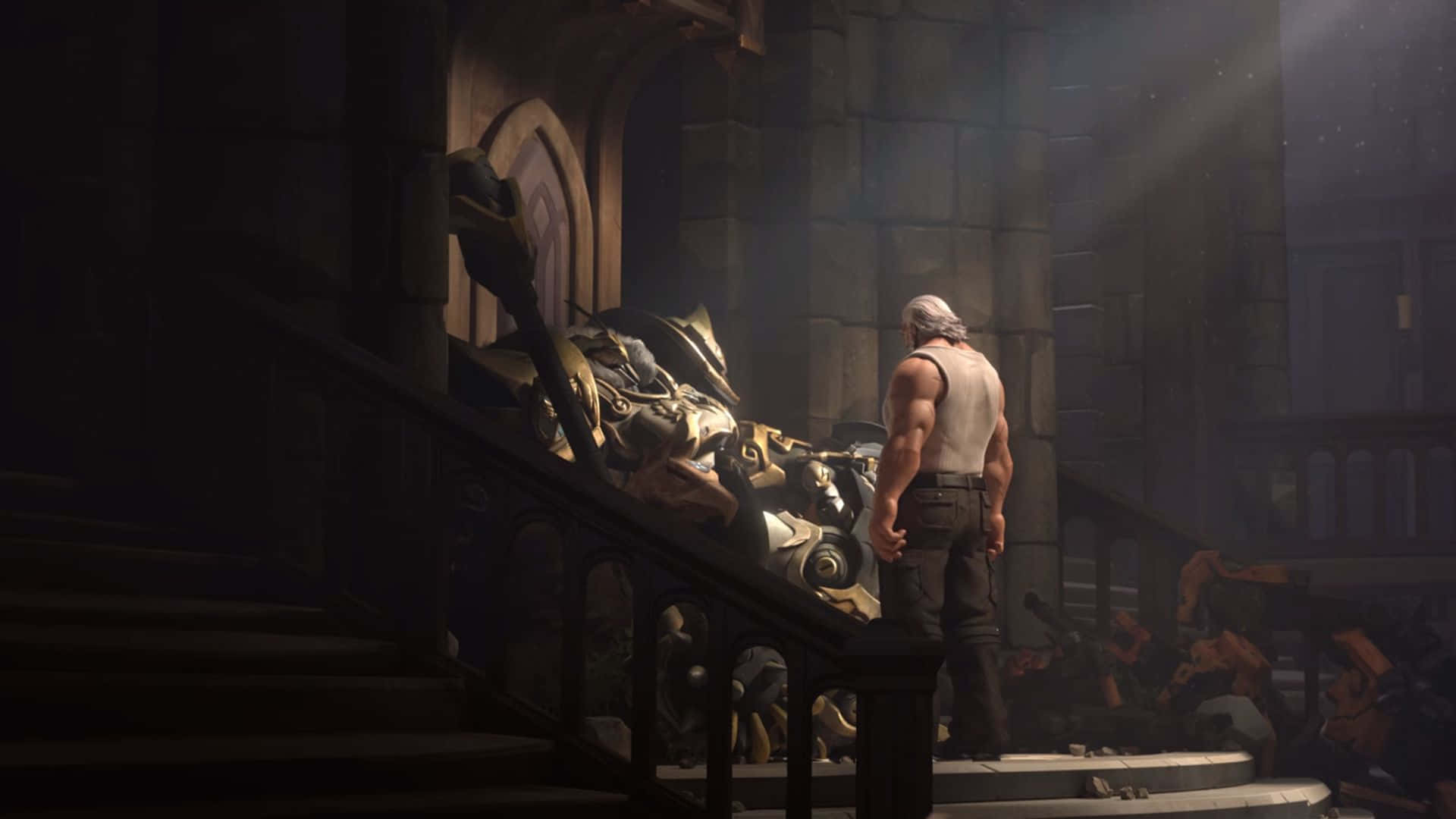 Overwatch Reinhardt, stone stairs, dimly lit gothic hall, Full HD Desktop Wallpaper