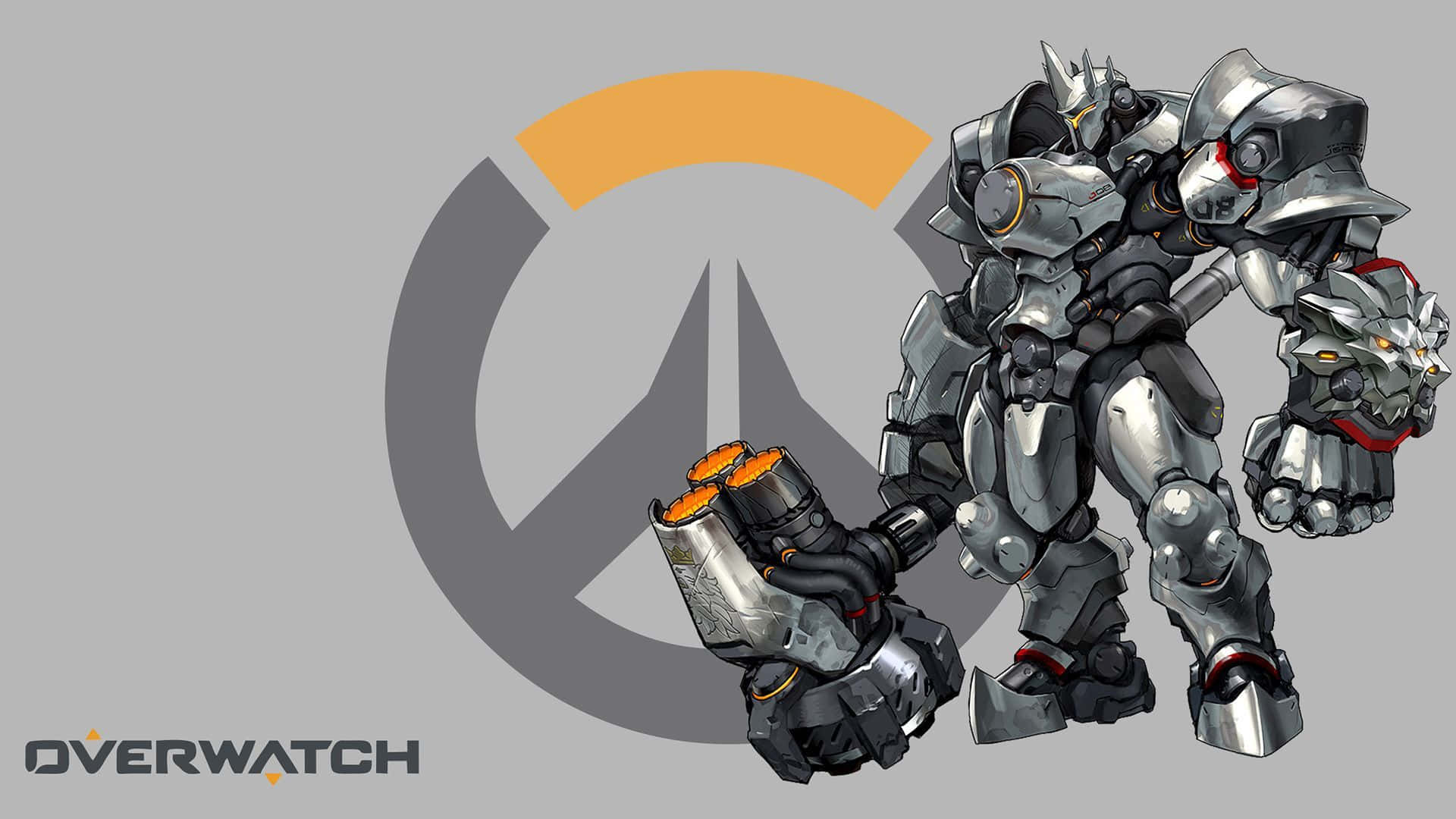Overwatch Reinhardt, silver and black mech warrior, glowing orange cannons, Full HD Desktop Wallpaper
