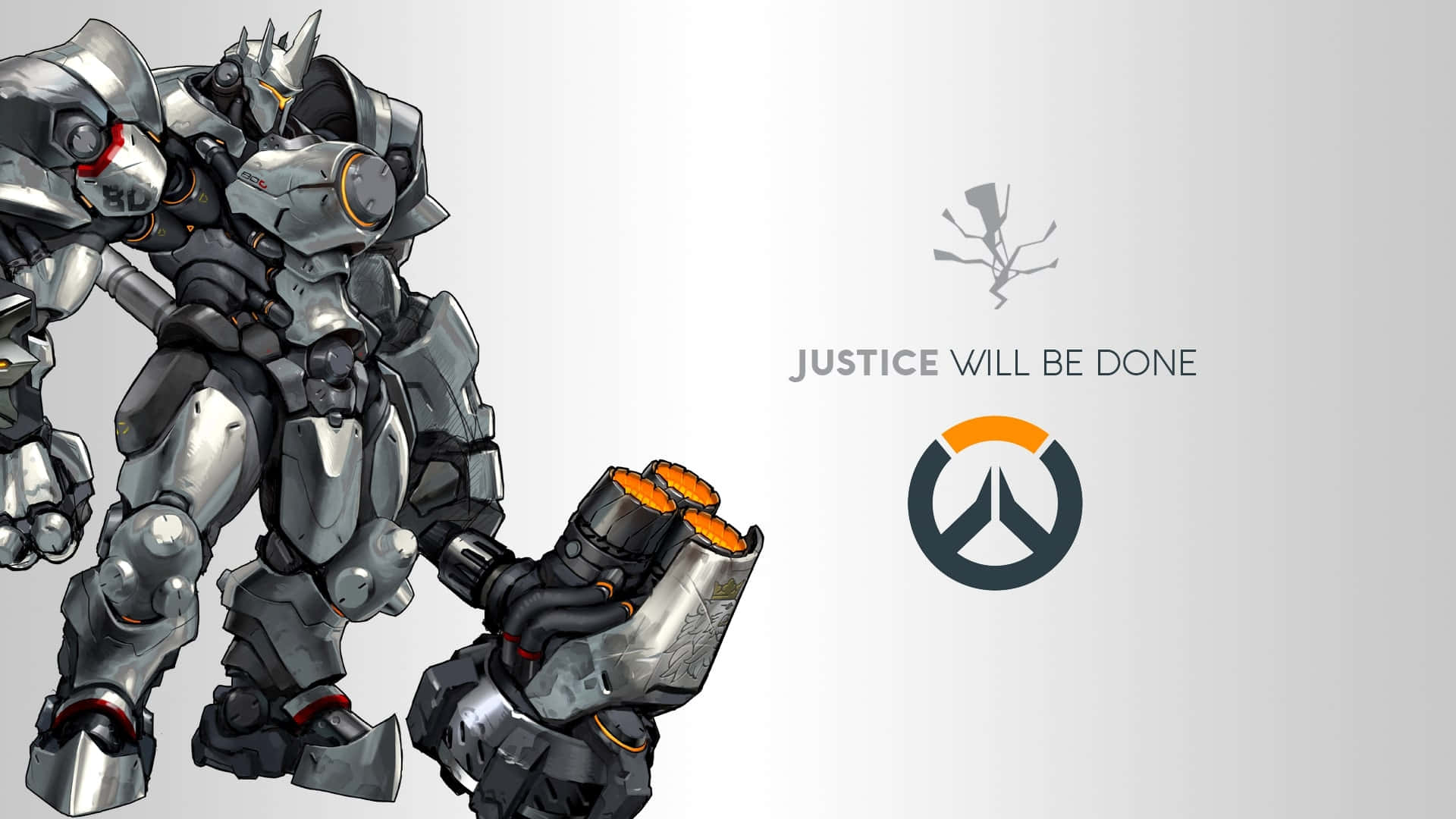 Overwatch Reinhardt, silver and black armored mech, glowing orange cannons, Full HD Desktop Wallpaper