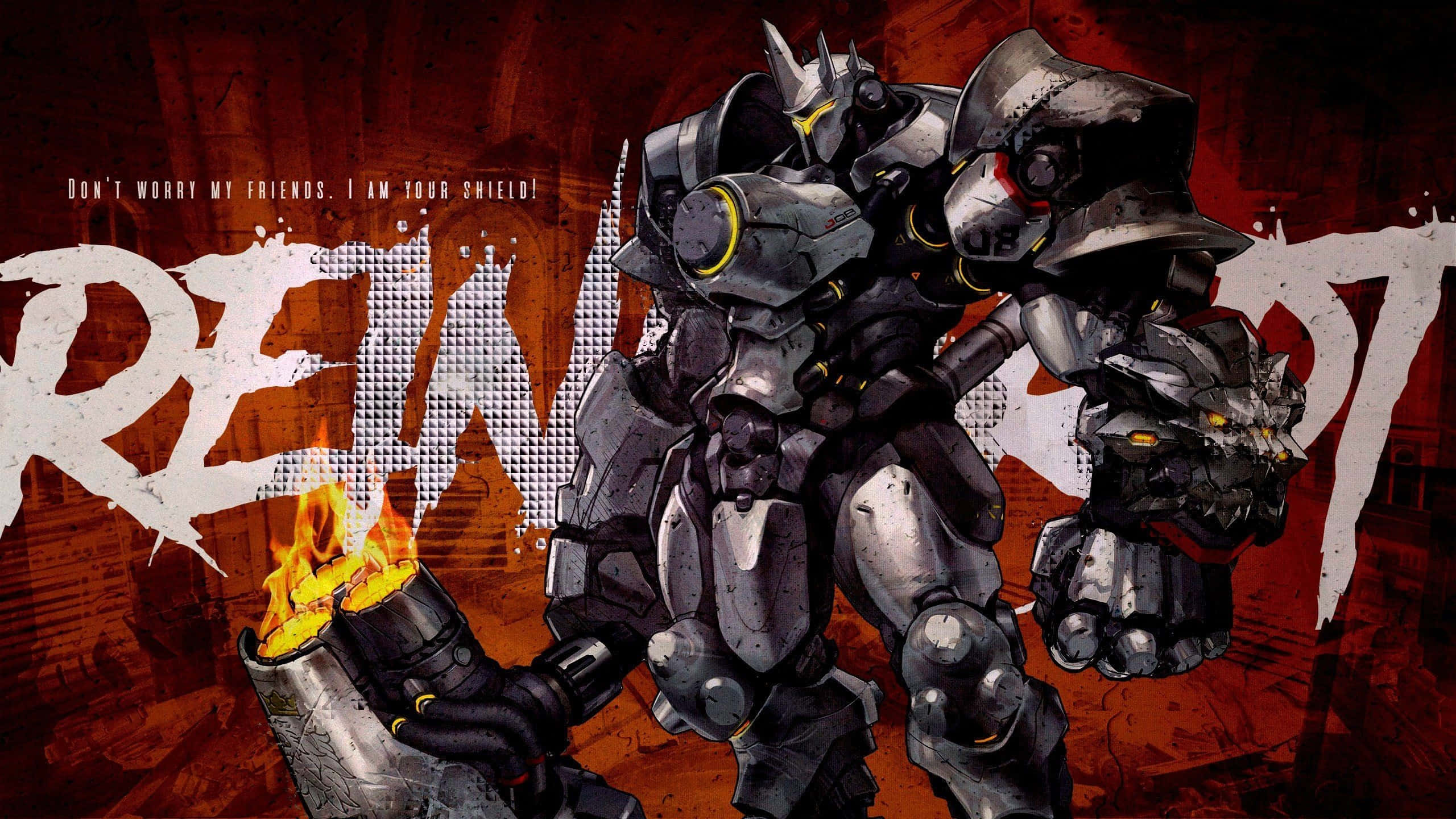 Overwatch Reinhardt, glowing yellow eyes, flaming fist, 2K Desktop Wallpaper