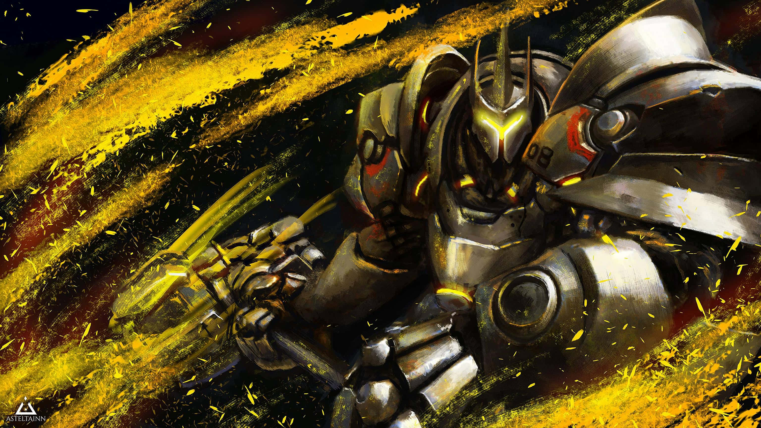 Overwatch Reinhardt, glowing eyes, golden sparks, 2K Desktop Wallpaper