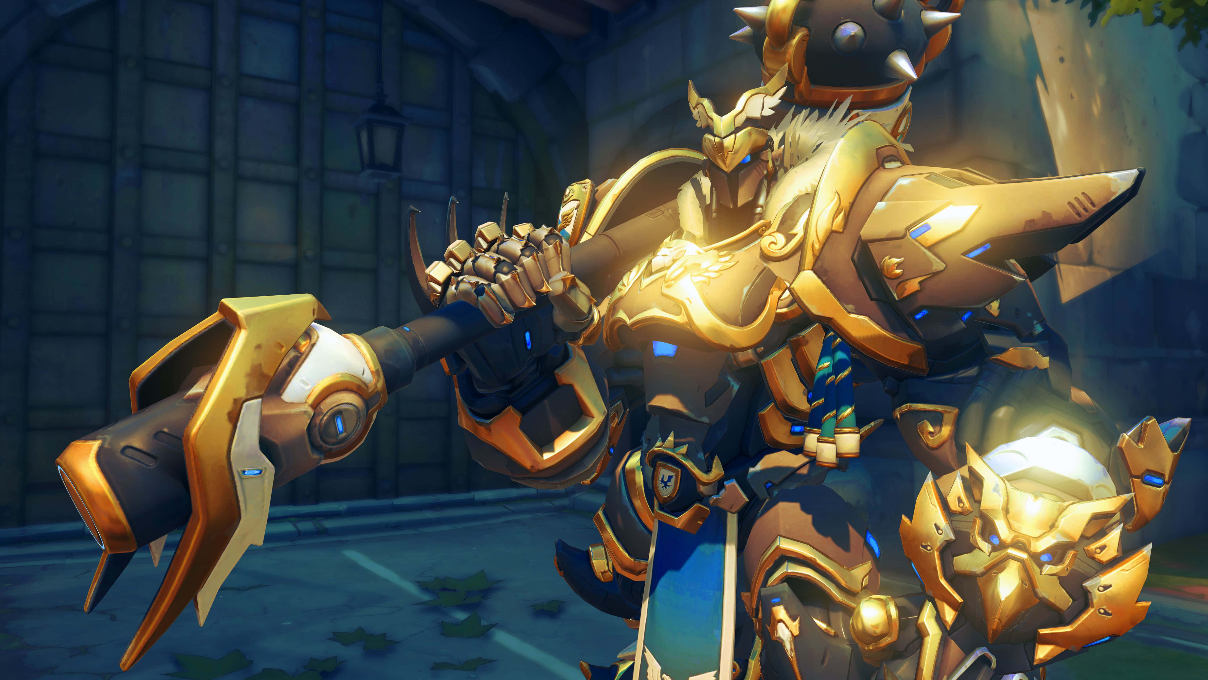 Overwatch Reinhardt, golden armored warrior, glowing blue accents, 5K Desktop Wallpaper