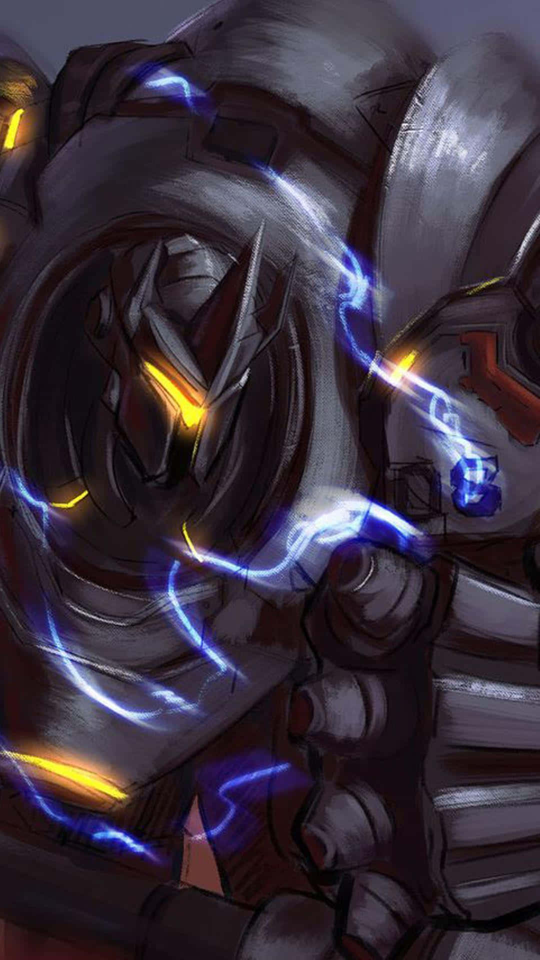Overwatch Reinhardt, glowing yellow eyes, crackling blue energy, Full HD Phone Wallpaper