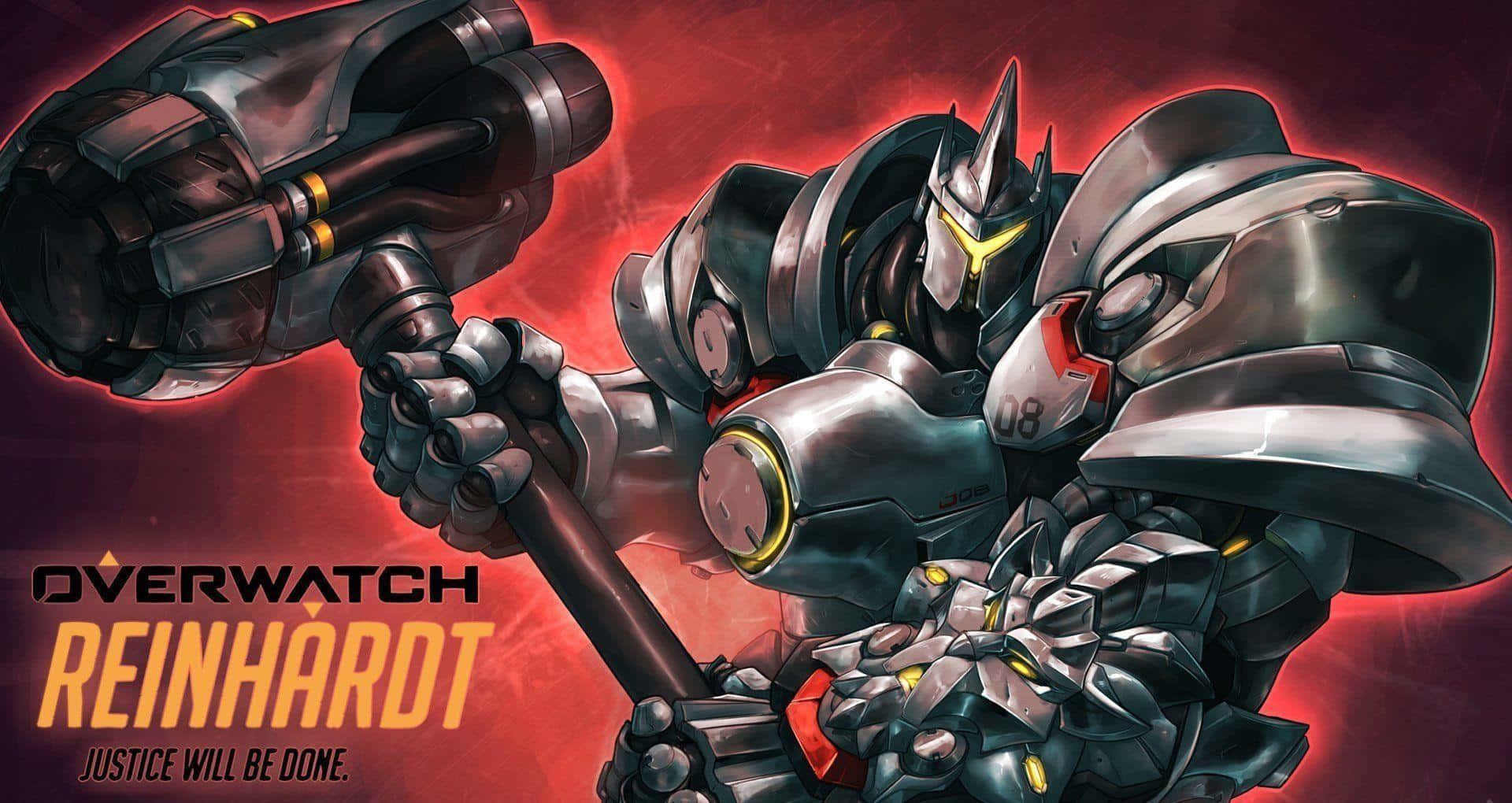 Overwatch Reinhardt, massive hammer, fiery red backdrop, Full HD Desktop Wallpaper