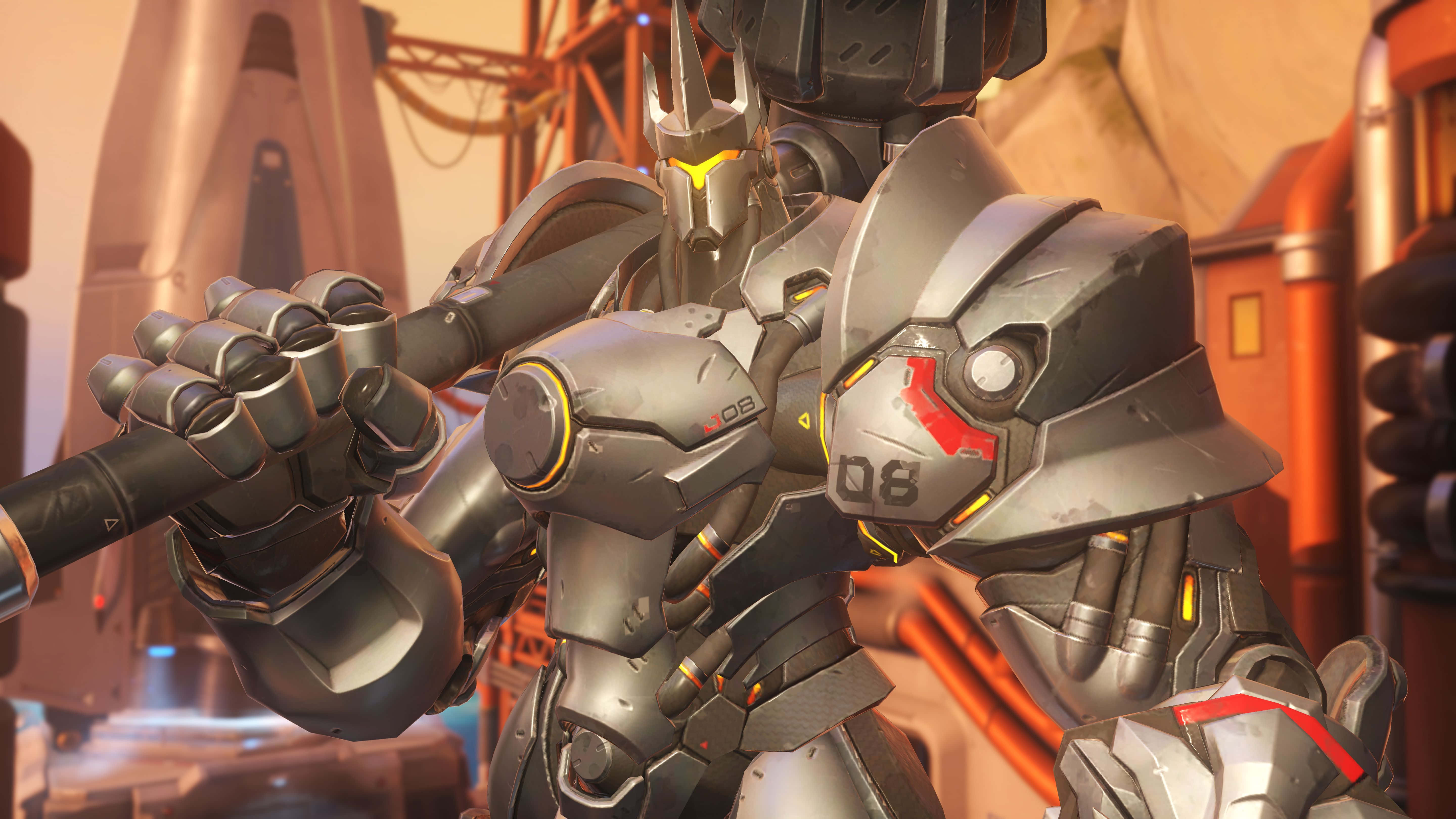 Overwatch Reinhardt, heavily armored robotic warrior, glowing yellow accents, 5K Desktop Wallpaper