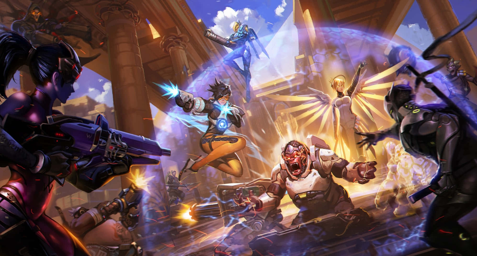 Overwatch Roadhog, 1992, sunlit ancient temple, Full HD Desktop Wallpaper