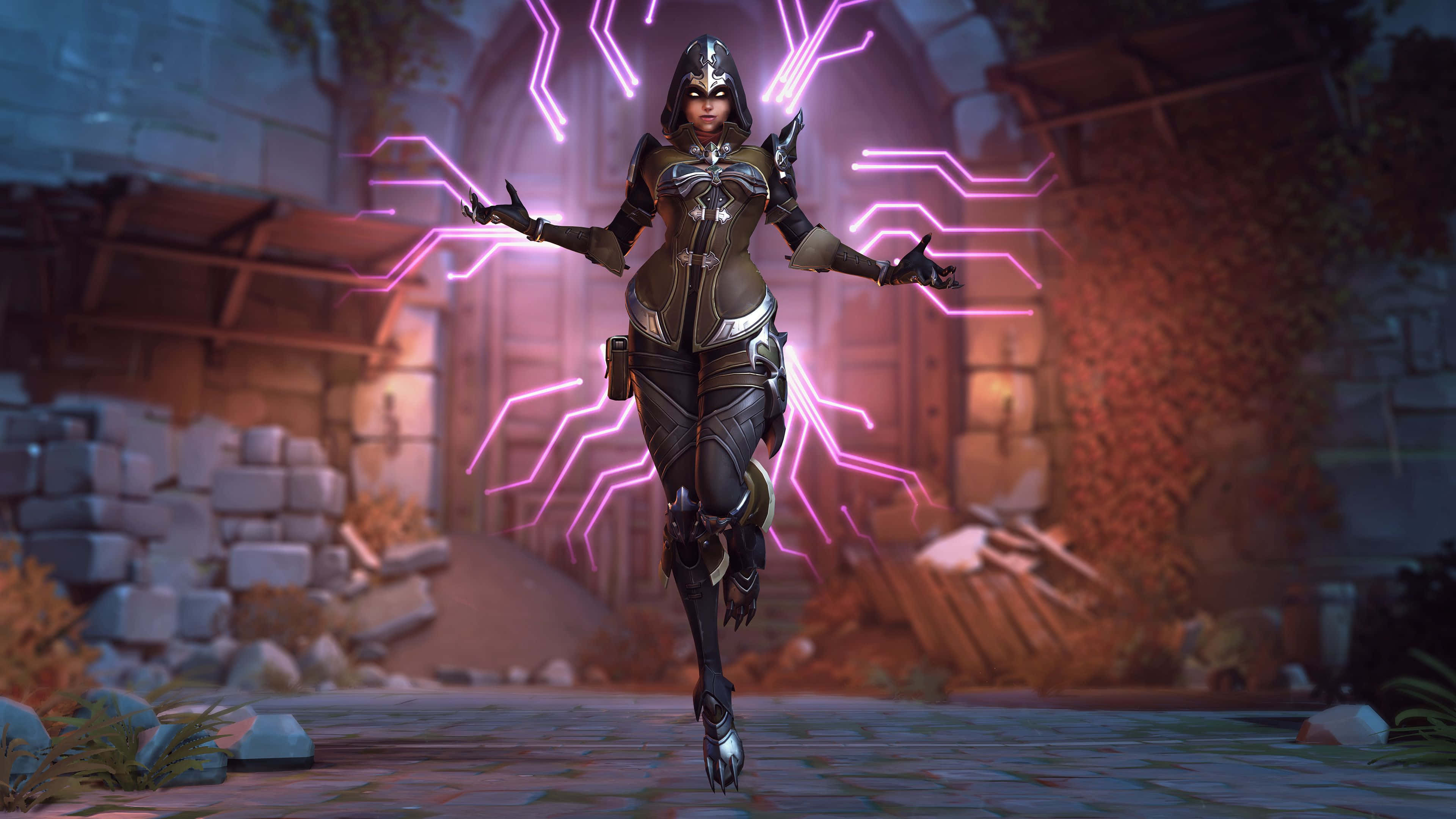 Overwatch Sombra, futuristic armor, glowing pink energy, 4K Desktop Wallpaper