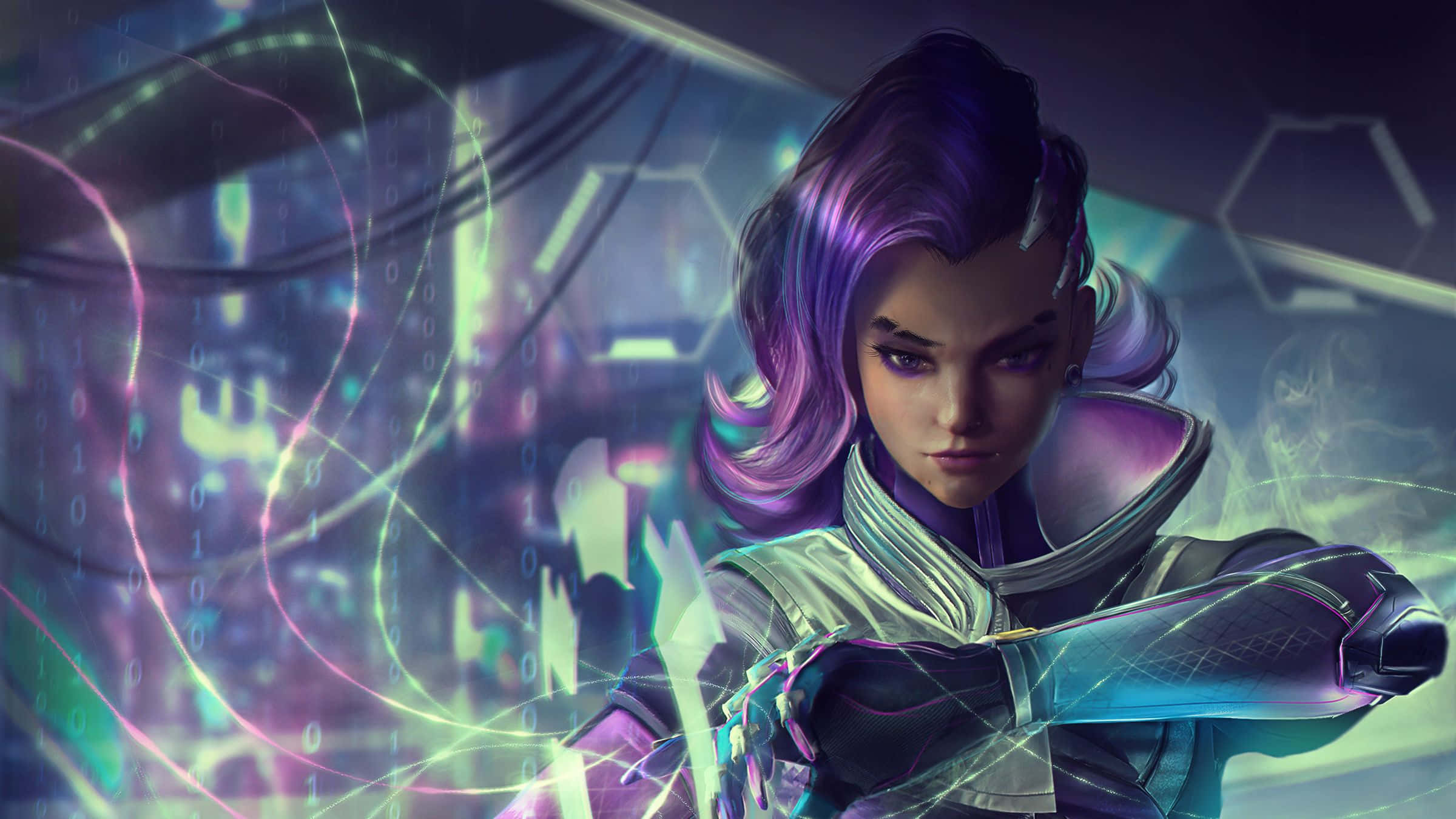 Overwatch Sombra, purple hair, neon data streams, Full HD Desktop Wallpaper