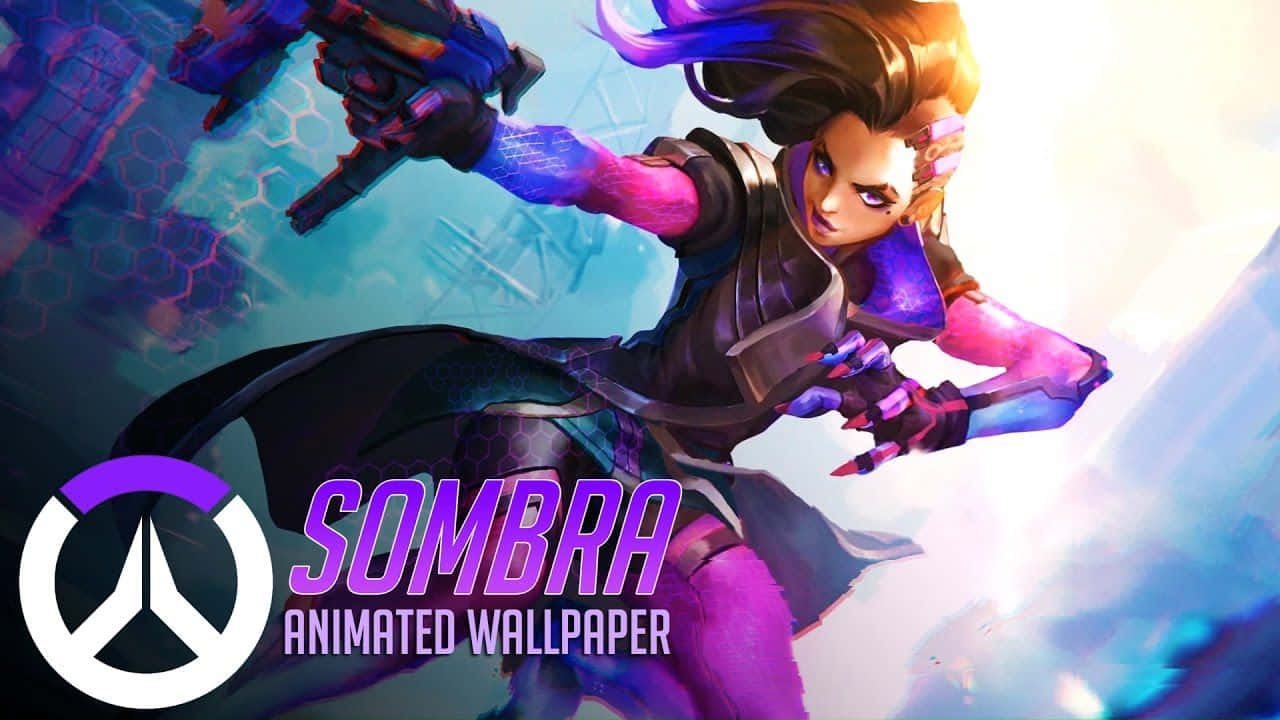 Overwatch Sombra, purple and pink gear, glowing weapon, HD Desktop Wallpaper