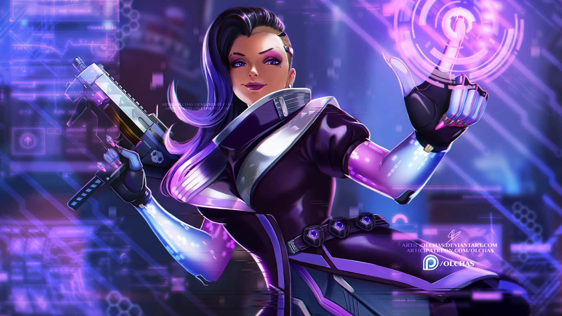 Overwatch Sombra, purple hair, cyberpunk, Full HD Desktop Wallpaper
