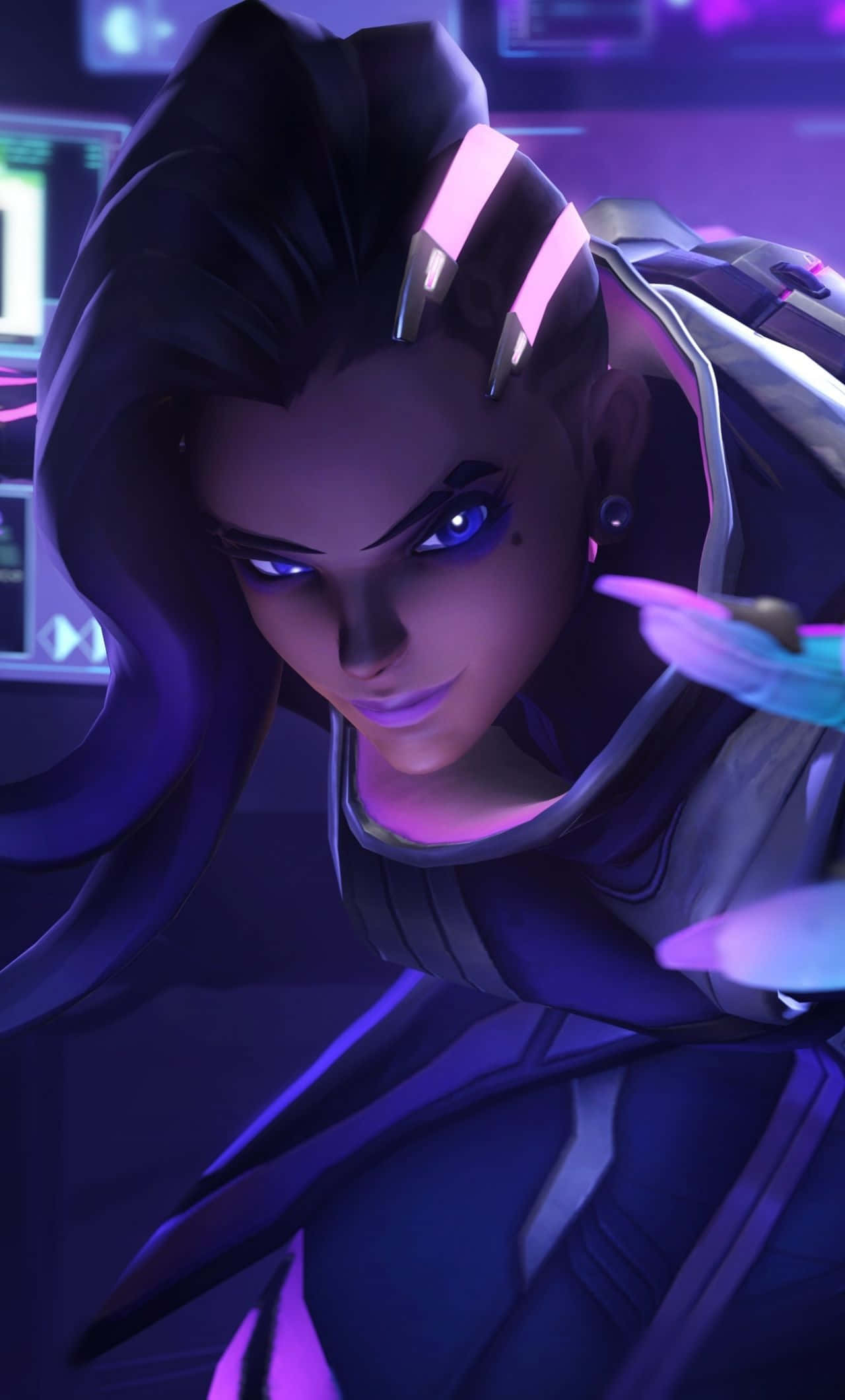 Overwatch Sombra, cyberpunk anime woman, glowing purple eyes, Full HD Phone Wallpaper