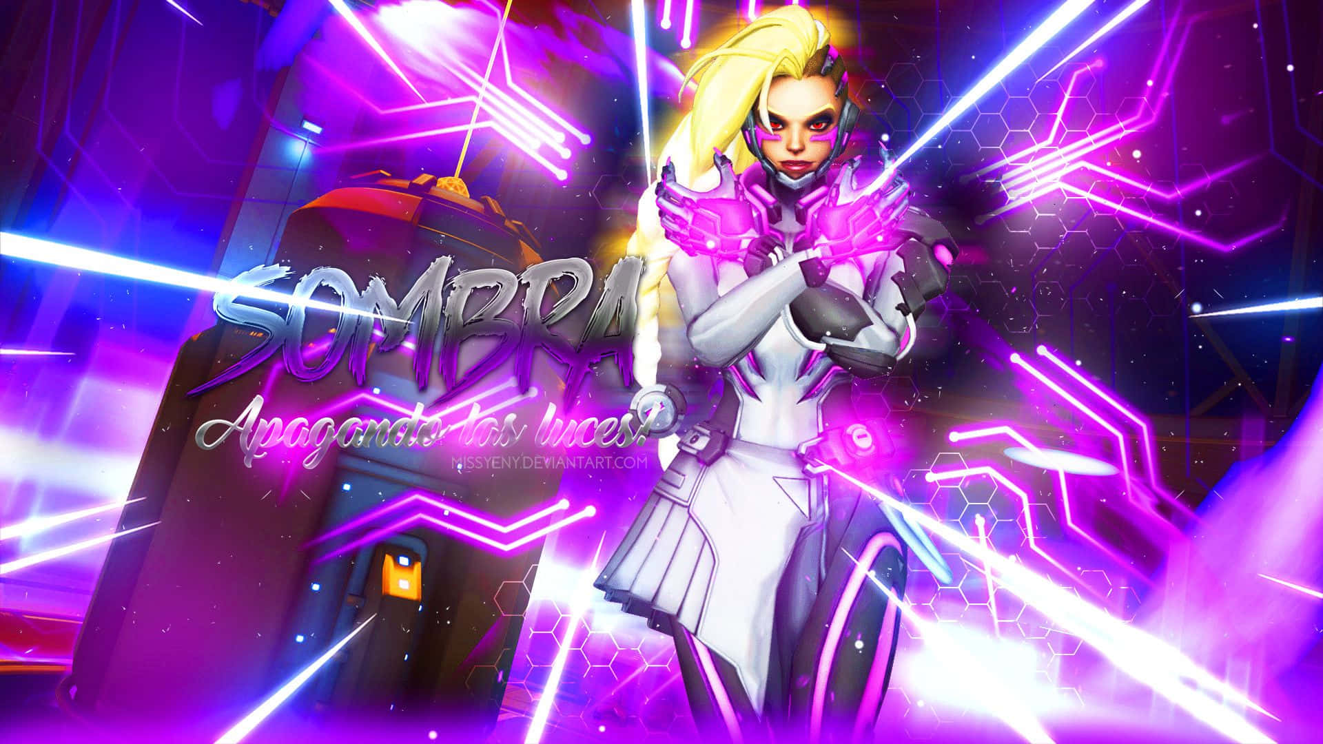 Overwatch Sombra, neon purple, blue laser beams, Full HD Desktop Wallpaper