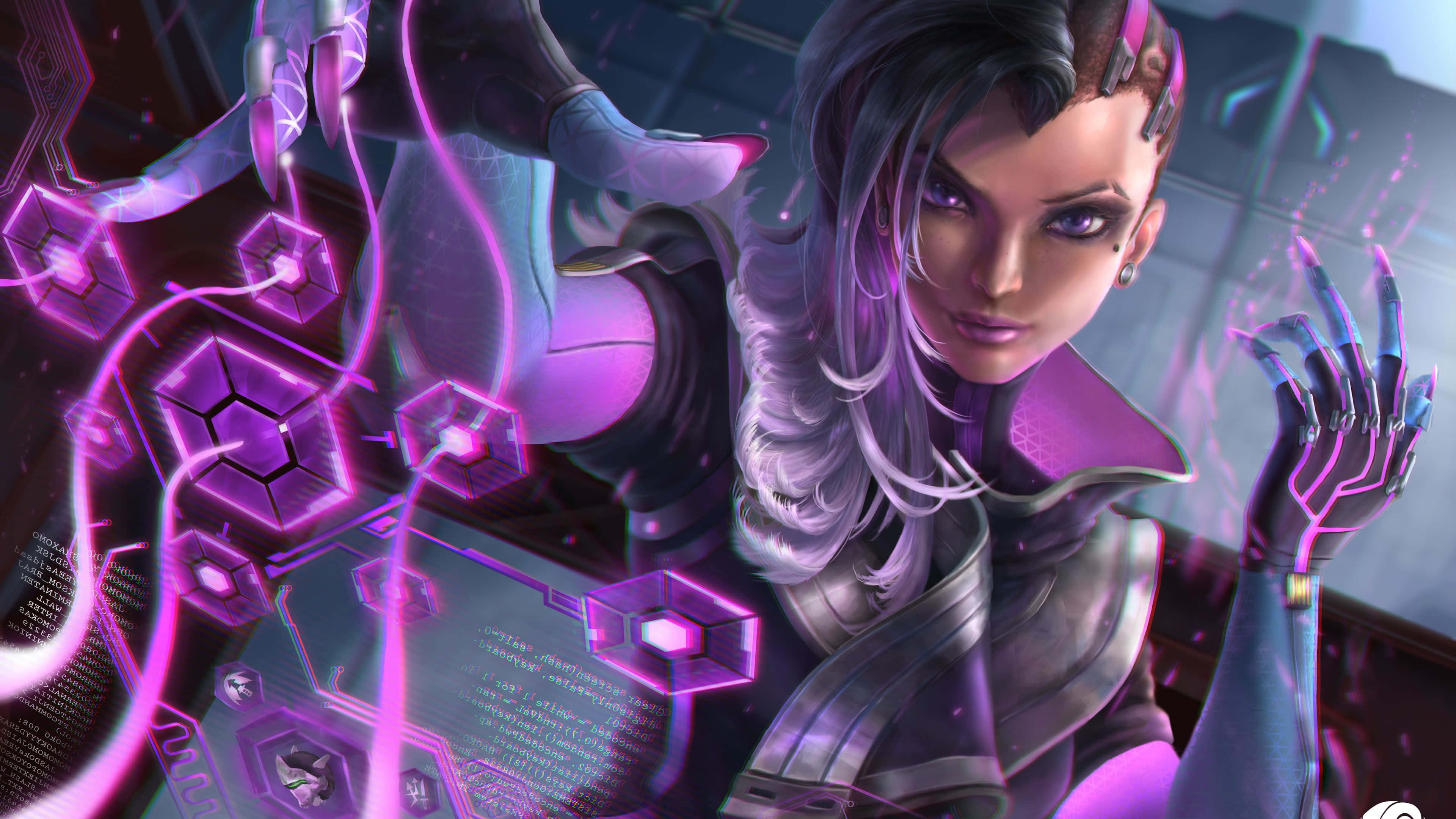 Overwatch Sombra, glowing purple hair, floating hexagonal data shards, 4K Desktop Wallpaper
