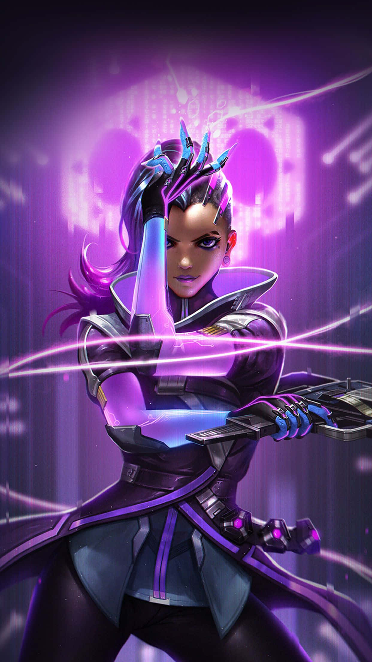 Overwatch Sombra, glowing purple hair, futuristic armor, Full HD Phone Wallpaper