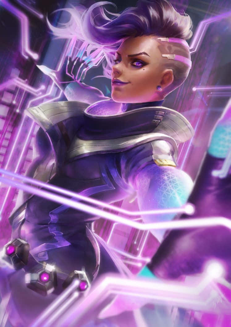 Overwatch Sombra, purple hair, glowing tech armor, SD Phone Wallpaper