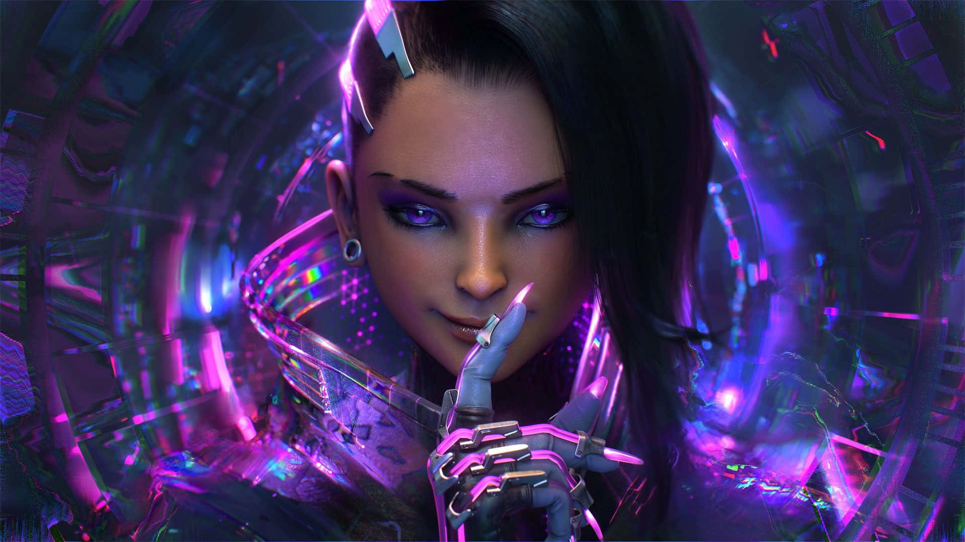 Sombra, Overwatch, glowing purple eyes, Full HD Desktop Wallpaper