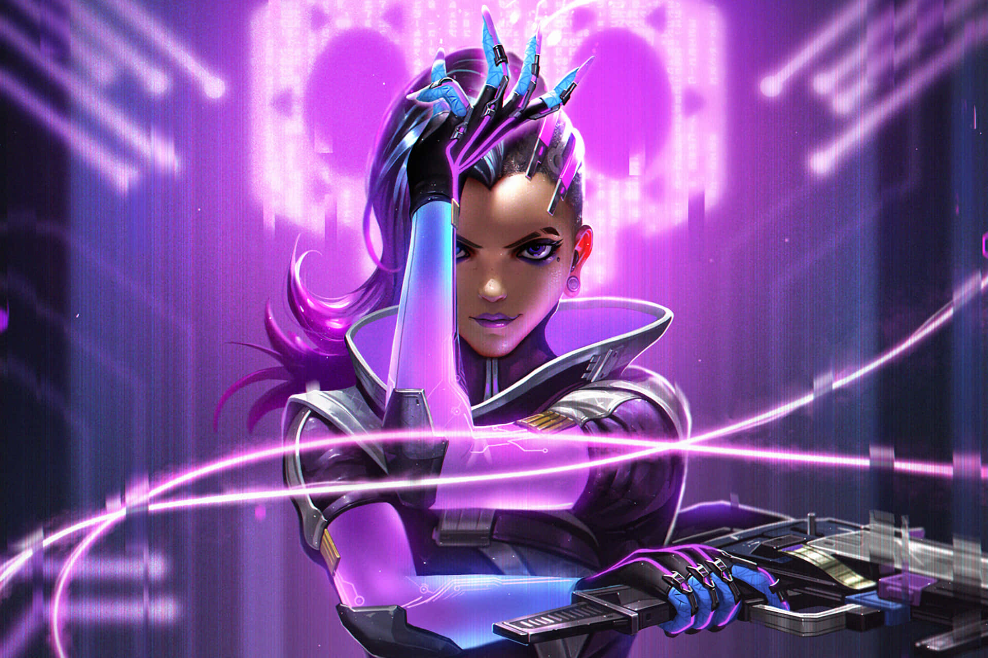 Sombra, Overwatch, glowing purple hair, Full HD Desktop Wallpaper
