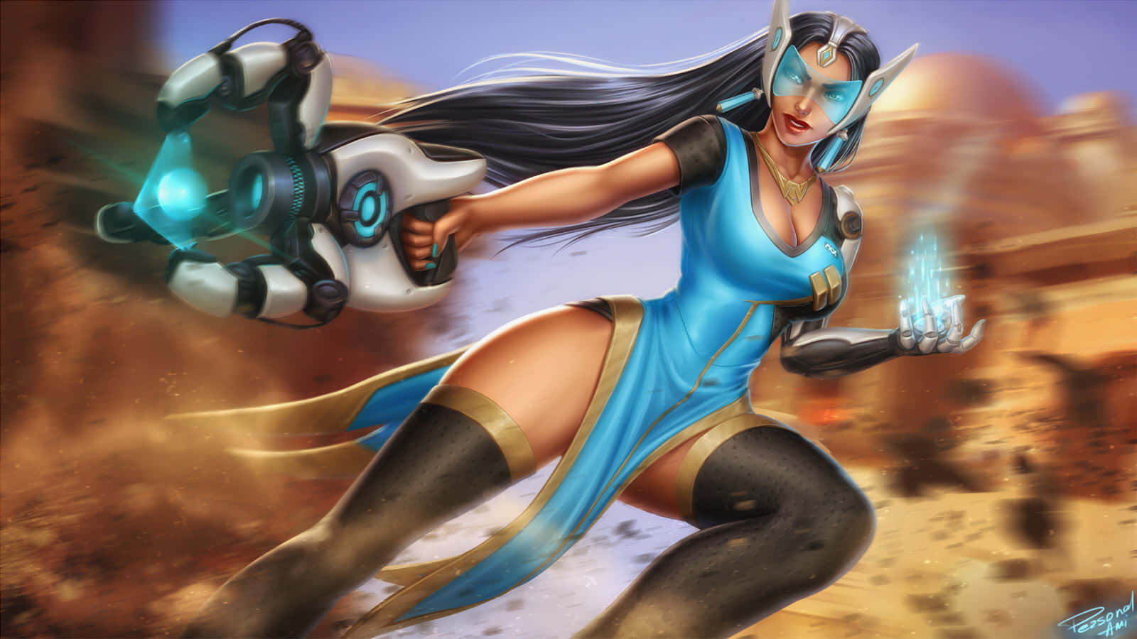 Overwatch Symmetra, anime-style female warrior, blue armor, HD Desktop Wallpaper