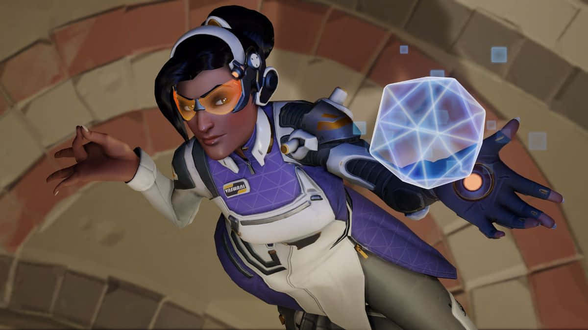 Overwatch Symmetra, purple and white gear, glowing blue energy orb, SD Desktop Wallpaper