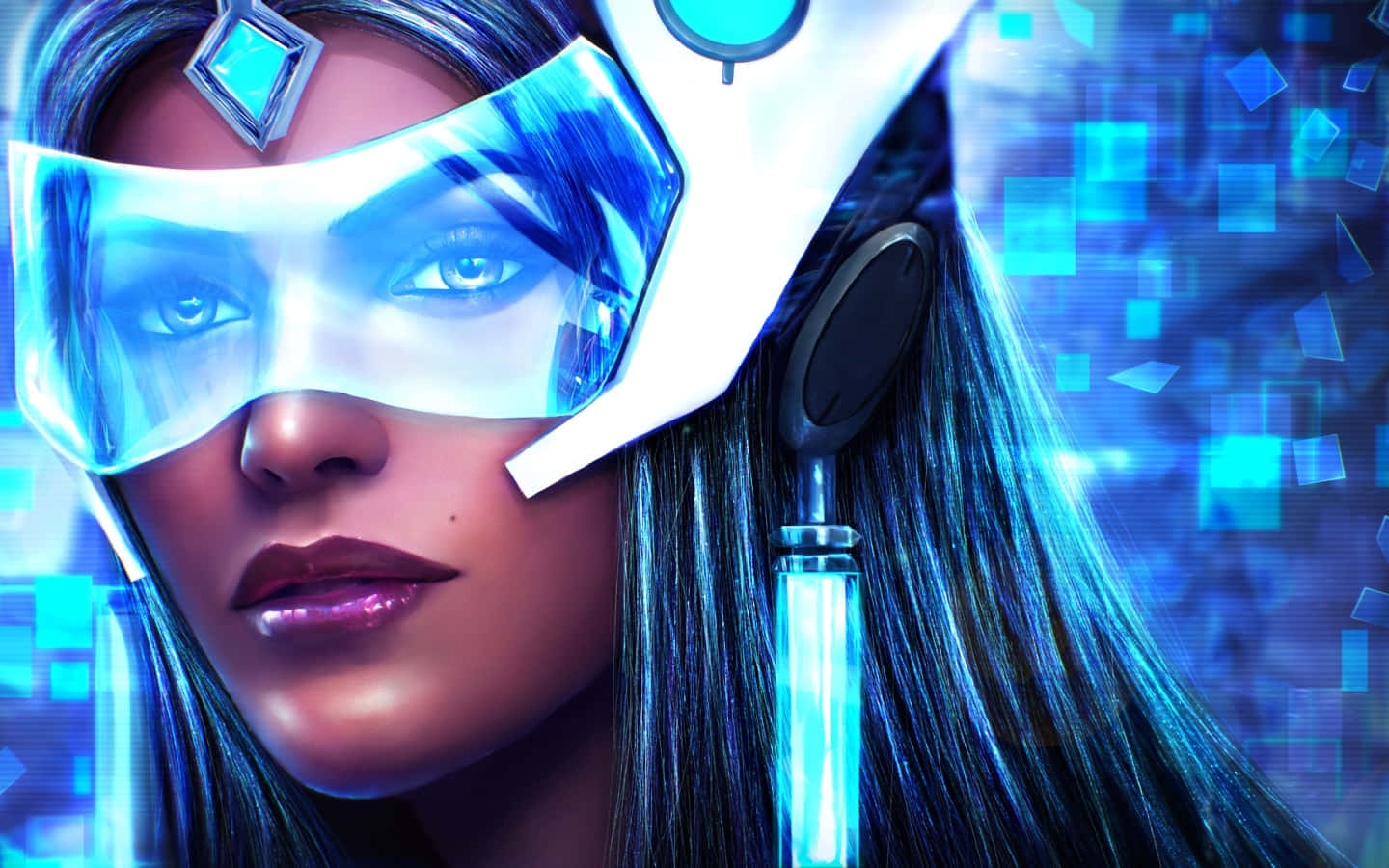 Overwatch Symmetra, glowing blue cybernetic visor, sleek tech gear, HD Desktop Wallpaper