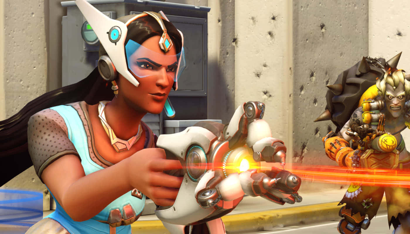 Overwatch Symmetra, futuristic armor, glowing orange beam weapon, HD Desktop Wallpaper