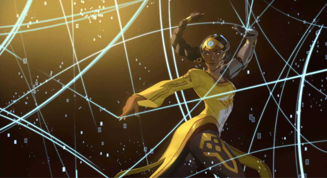 Overwatch Symmetra, yellow suit, glowing blue energy lines, SD Desktop Wallpaper