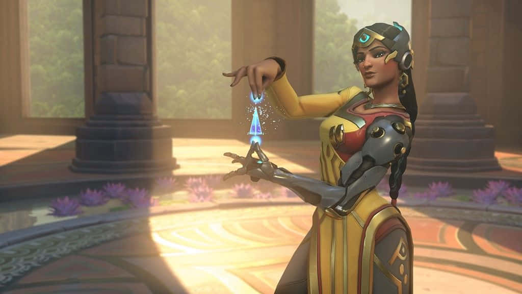 Overwatch Symmetra, golden armor, glowing blue energy, SD Desktop Wallpaper