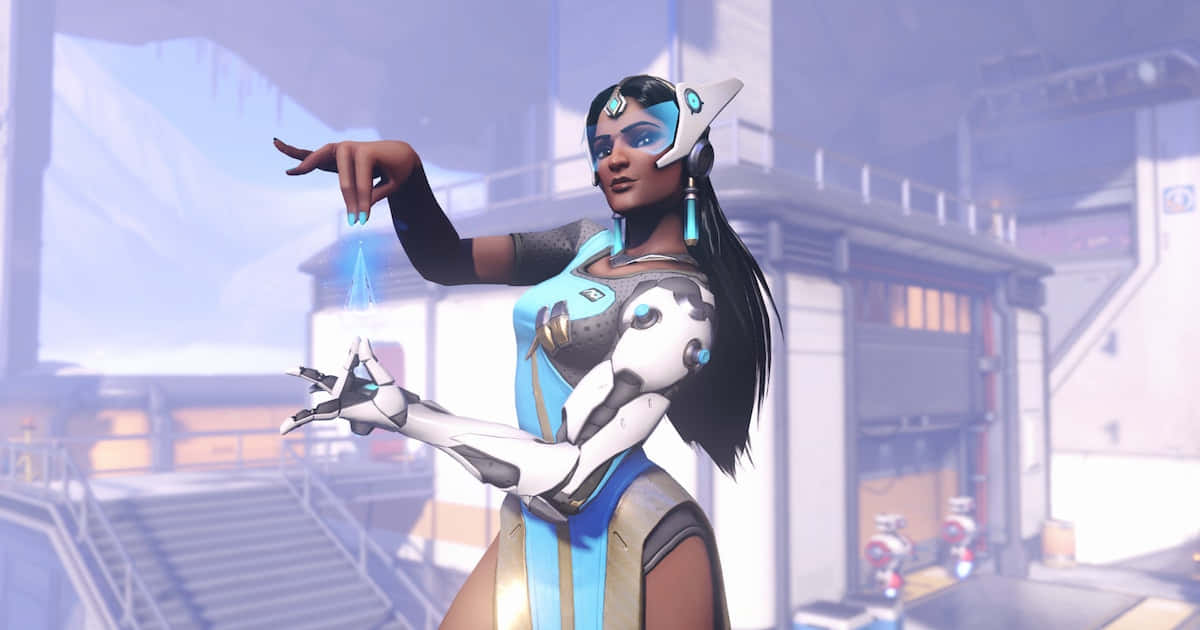 Overwatch Symmetra, blue and white armor, glowing energy, SD Desktop Wallpaper